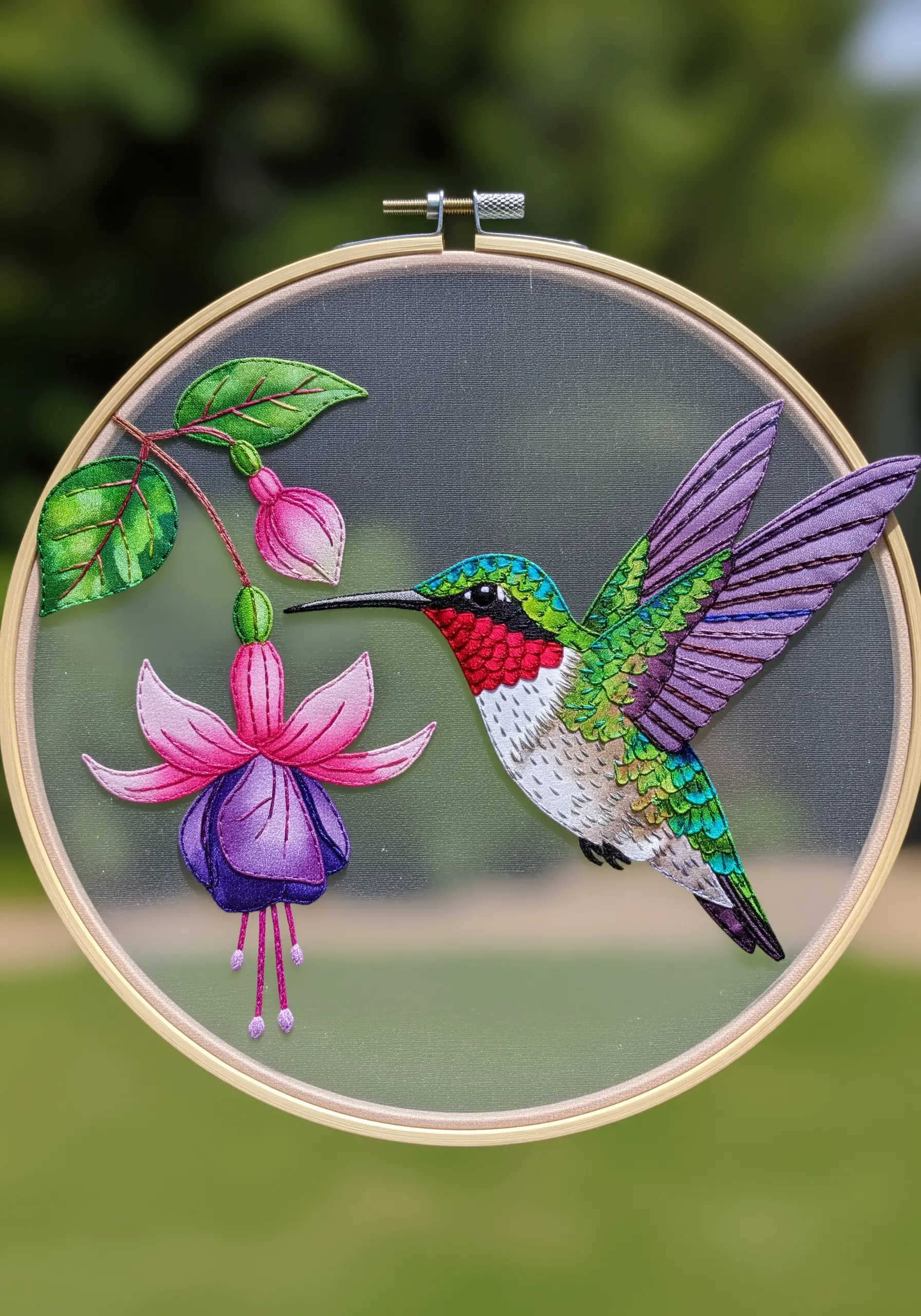 Thread-painted hummingbird and appliqué flower stitched on sheer organza fabric.