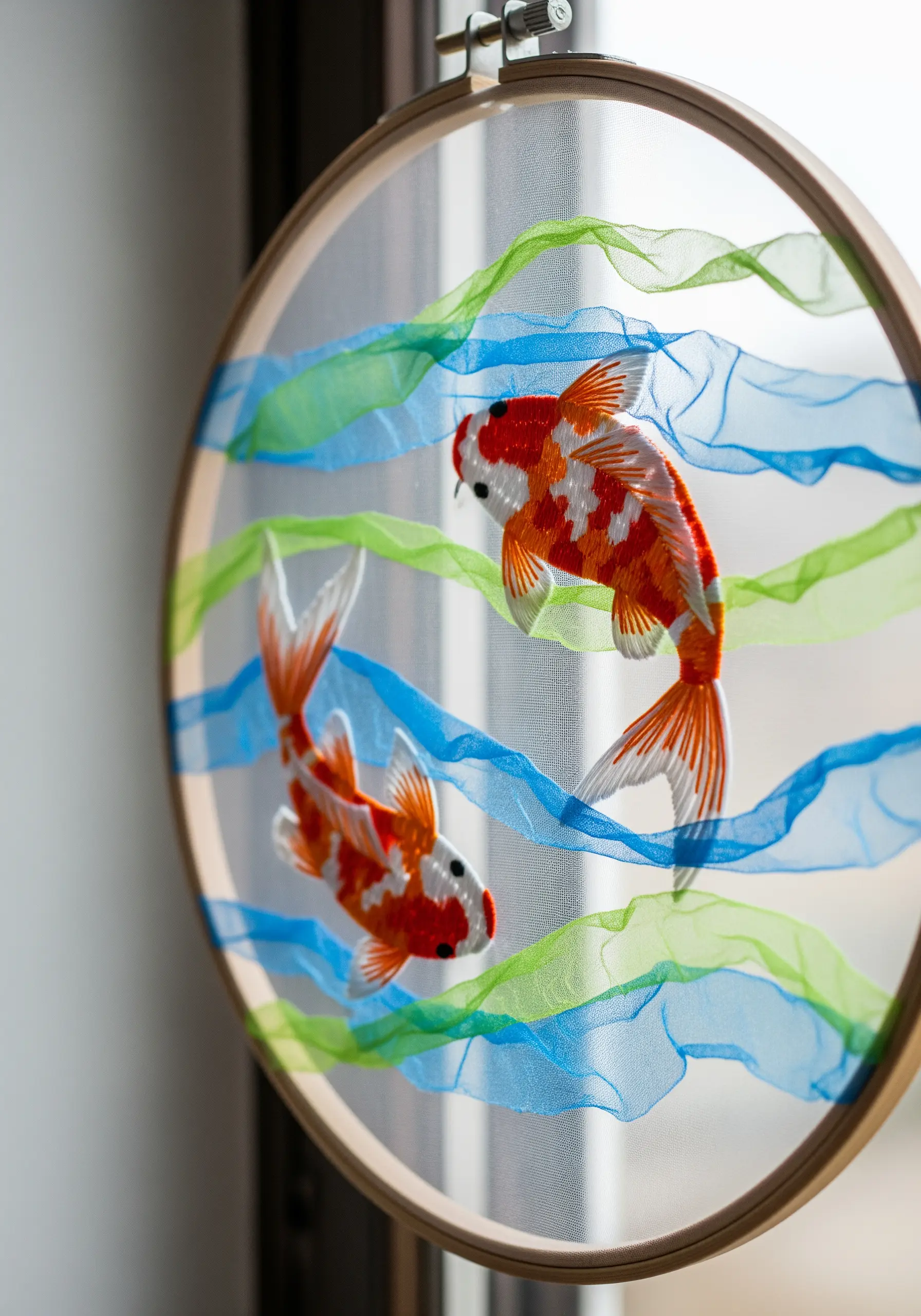 Embroidered koi fish on sheer fabric with woven blue and green organza ribbons.