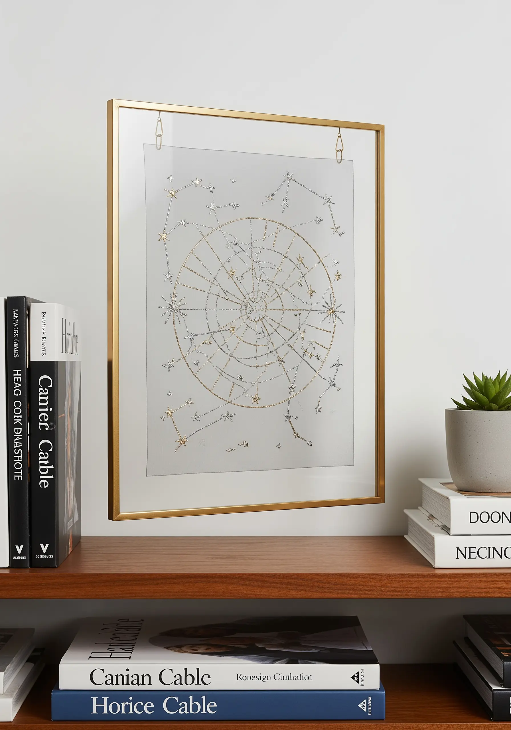 Gold constellation embroidery on transparent mesh fabric