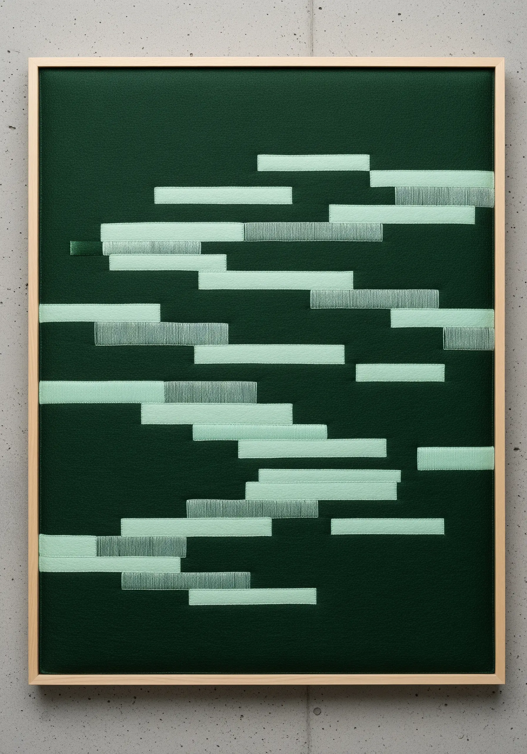 Light green horizontal blocks embroidered on dark green felt