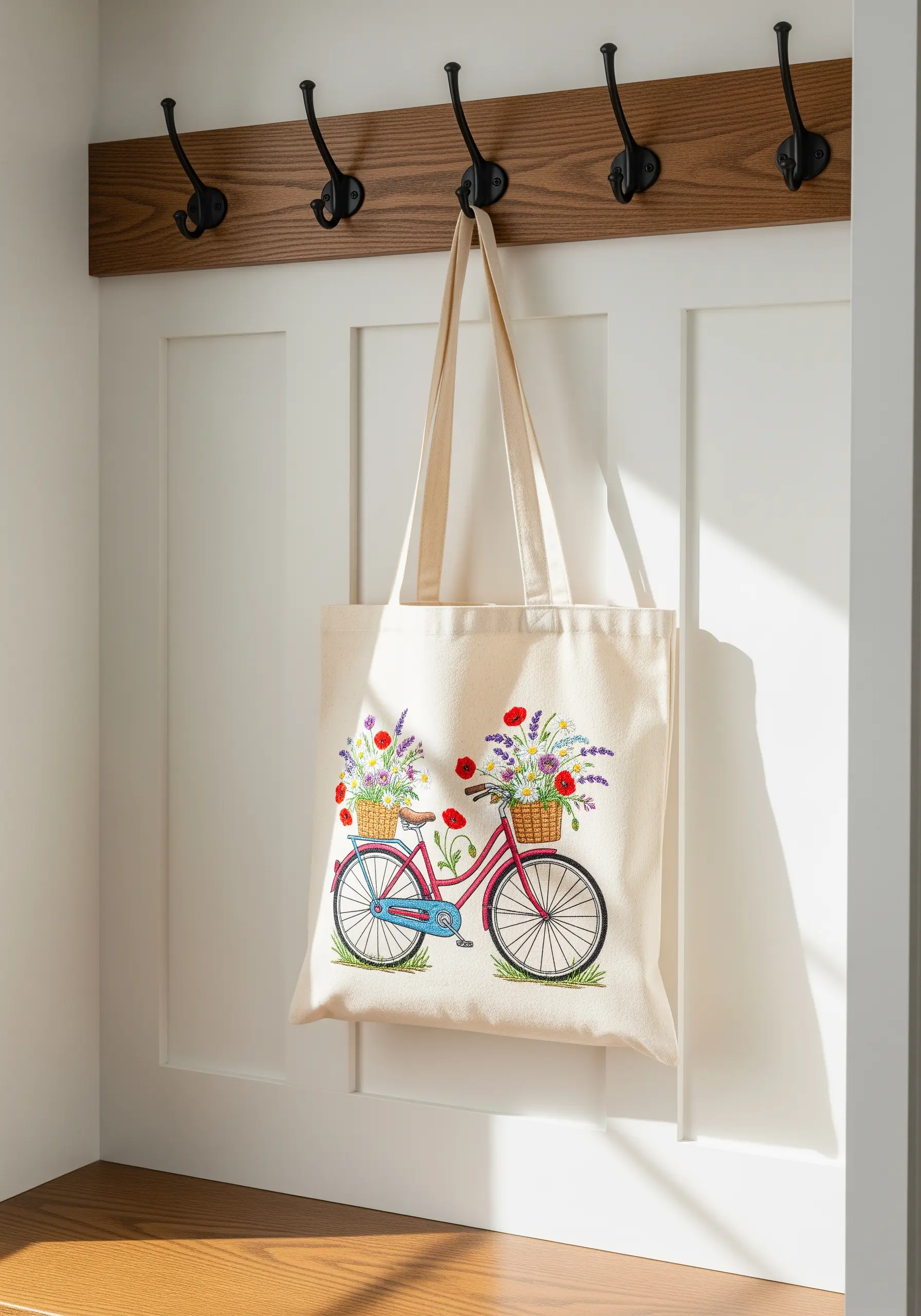 Canvas tote bag with embroidered bicycle and flower basket