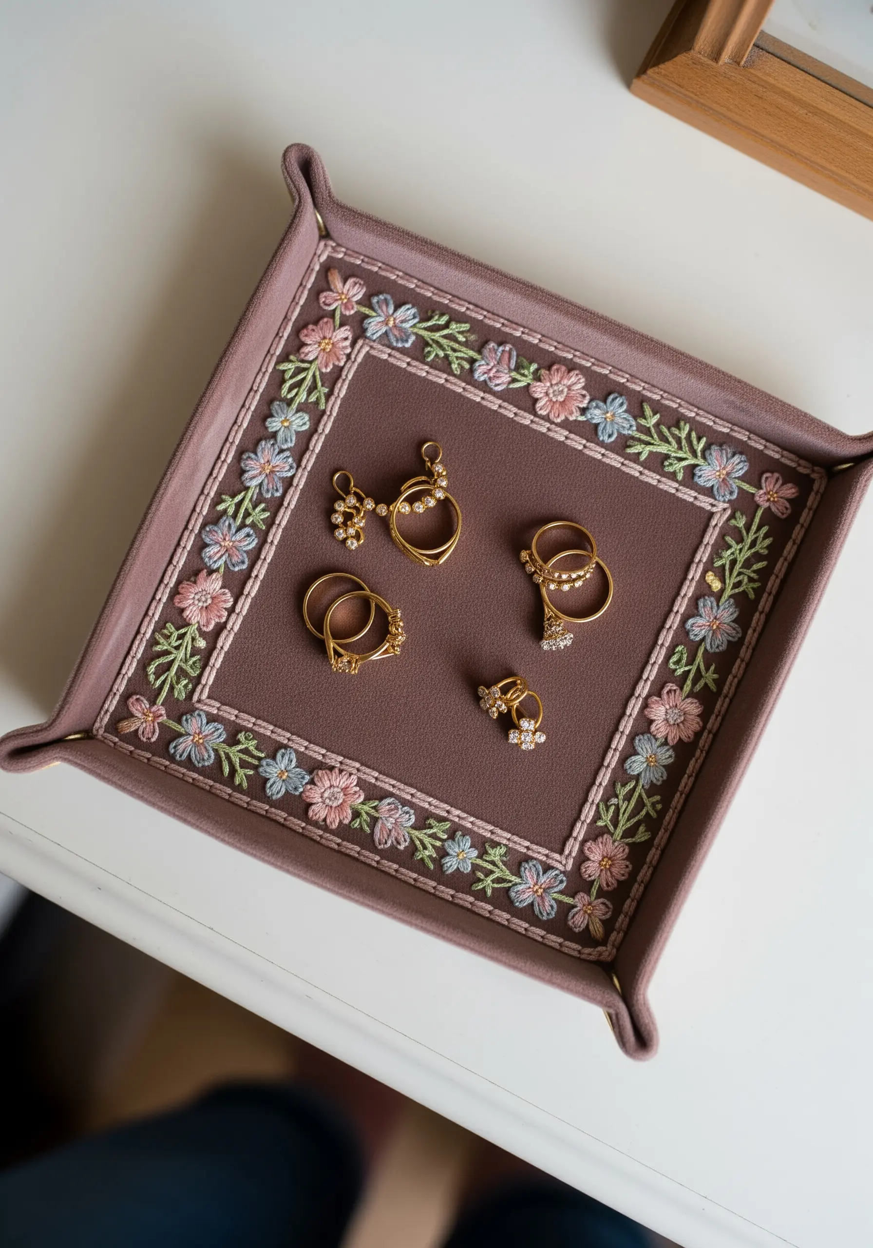 Square velvet jewelry tray with a delicate floral embroidery border holding gold rings