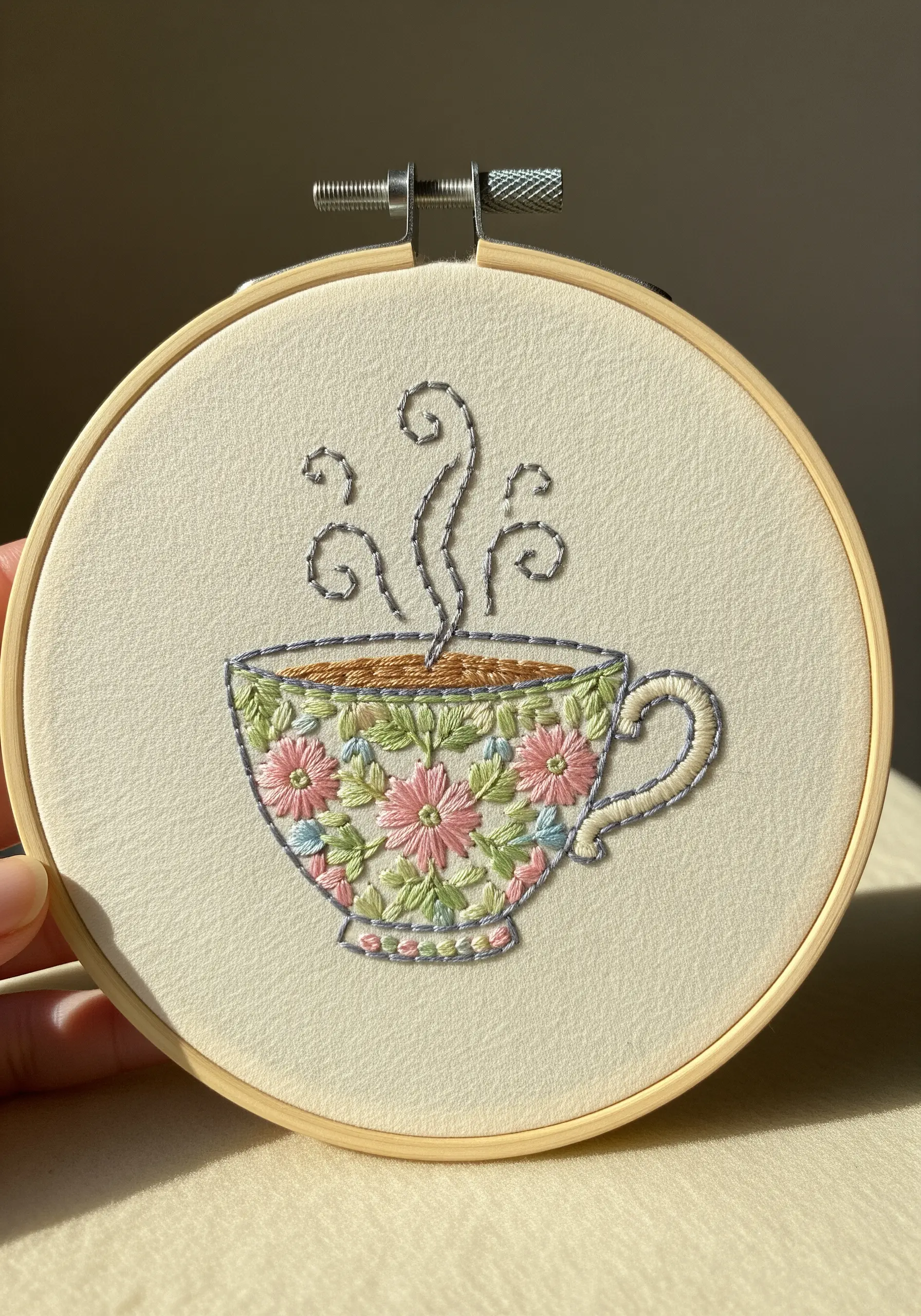 Tea cup embroidery filled with floral patterns instead of solid color