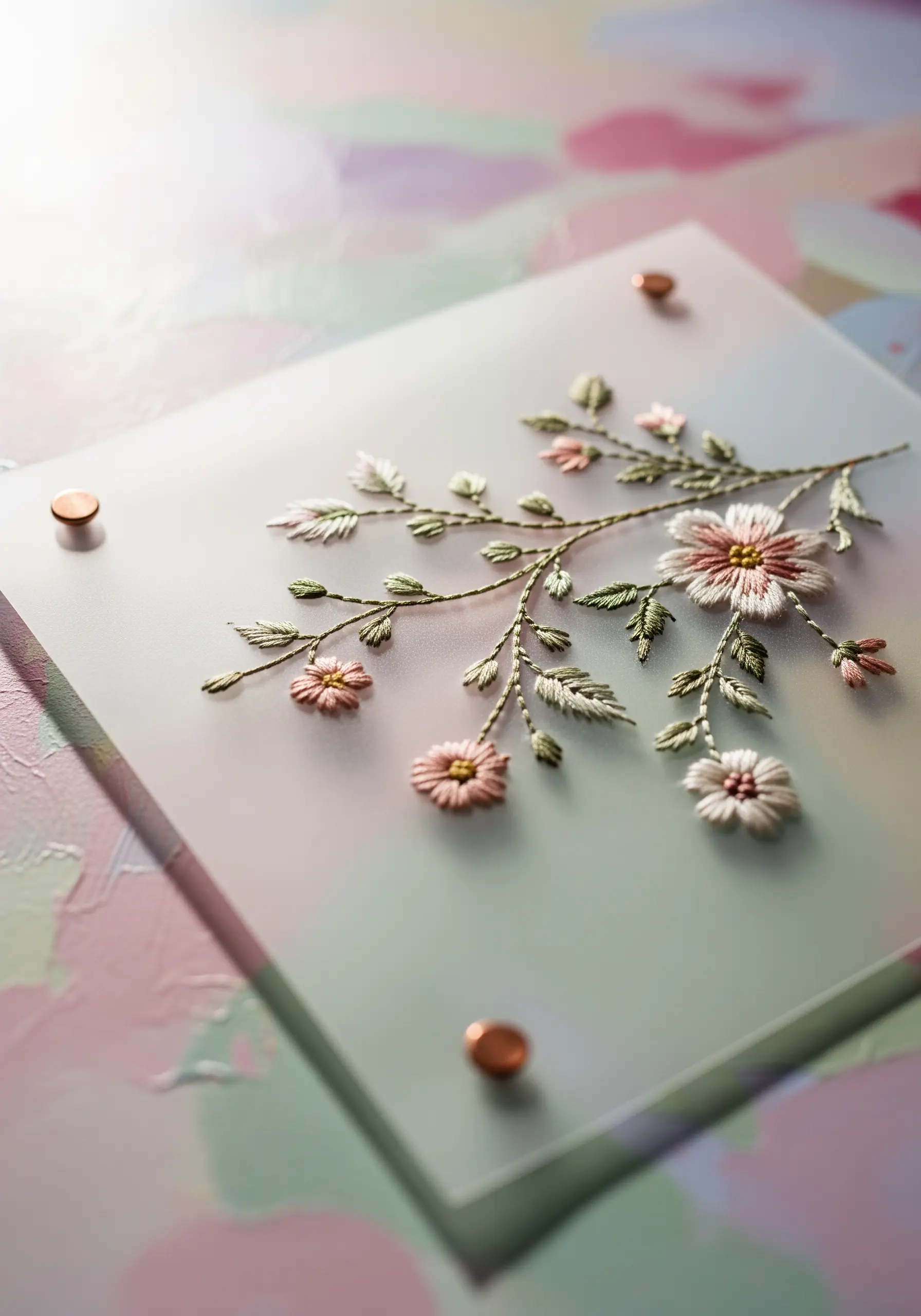 Delicate floral embroidery on semi-transparent vellum paper