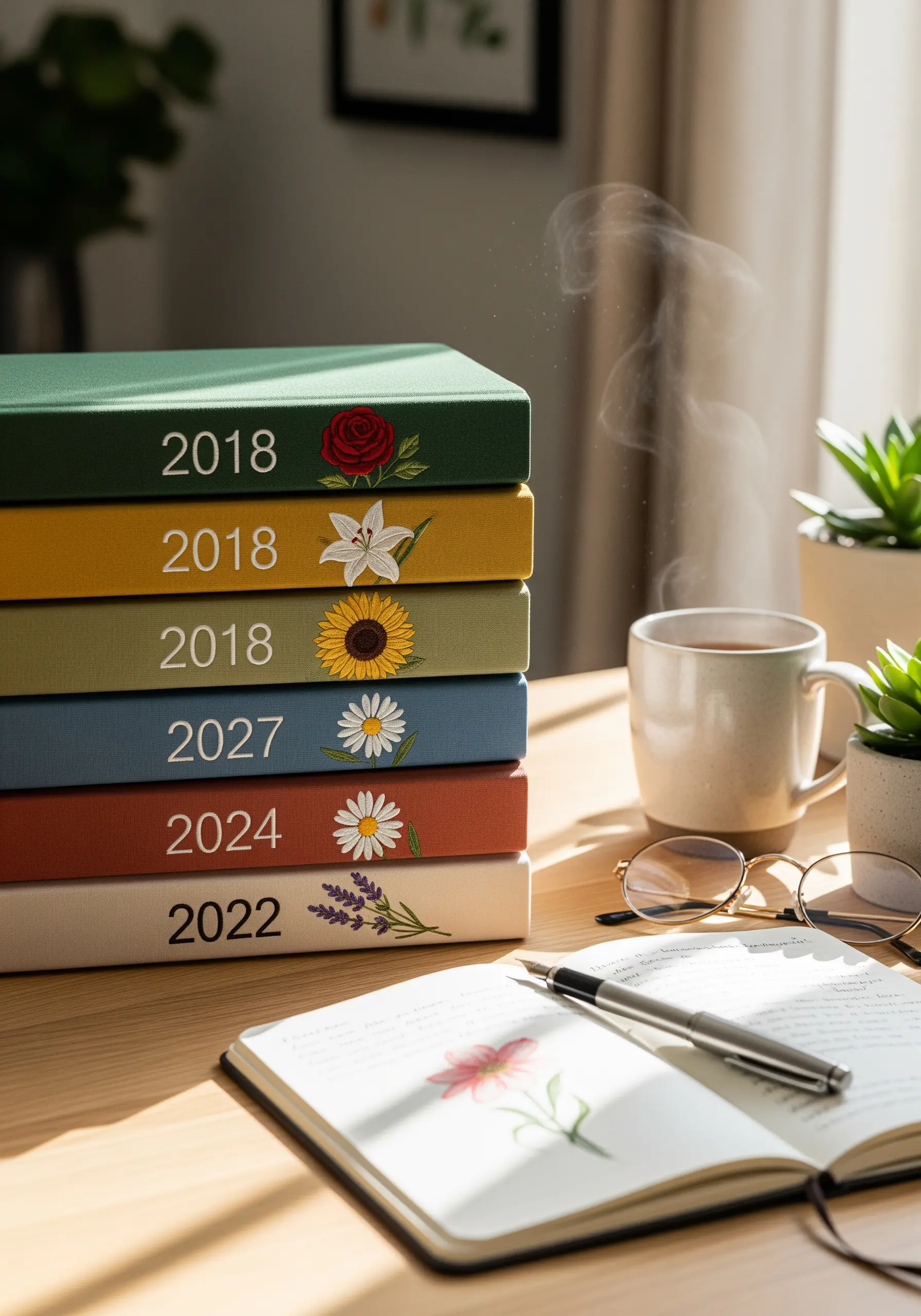 Stack of colorful journals with floral embroidery on spines