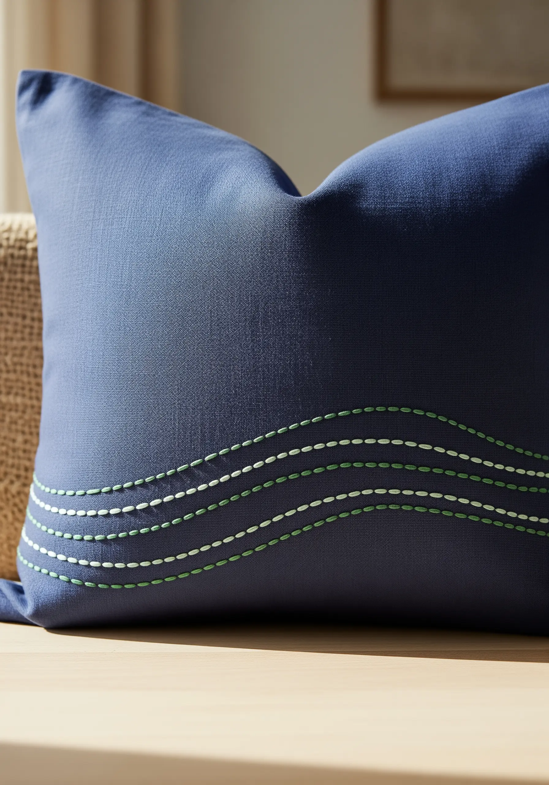 Wavy lines of running stitch in shades of white and green on a navy blue pillow.