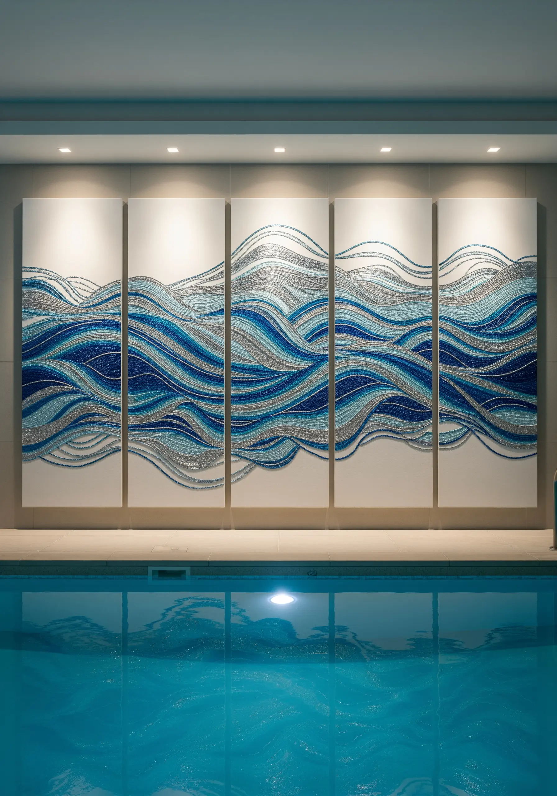 A five-panel art piece depicting flowing ocean waves in blue and silver metallic threads.