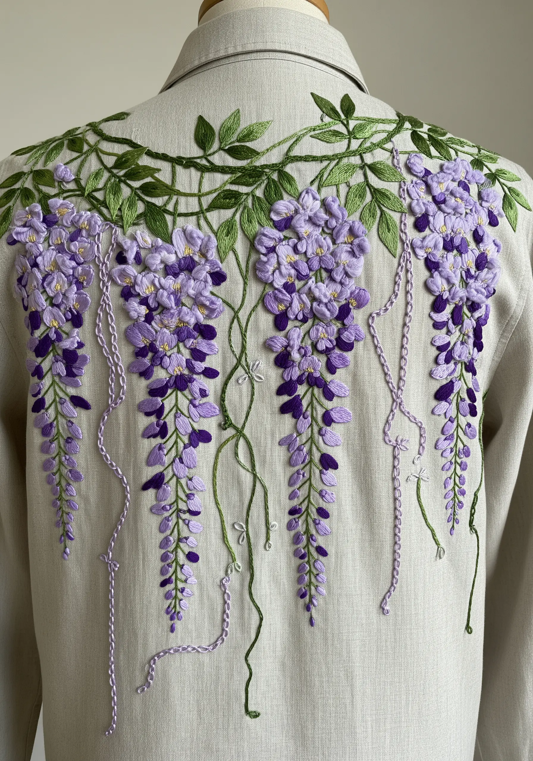 Purple wisteria vines embroidered on the back of a linen shirt