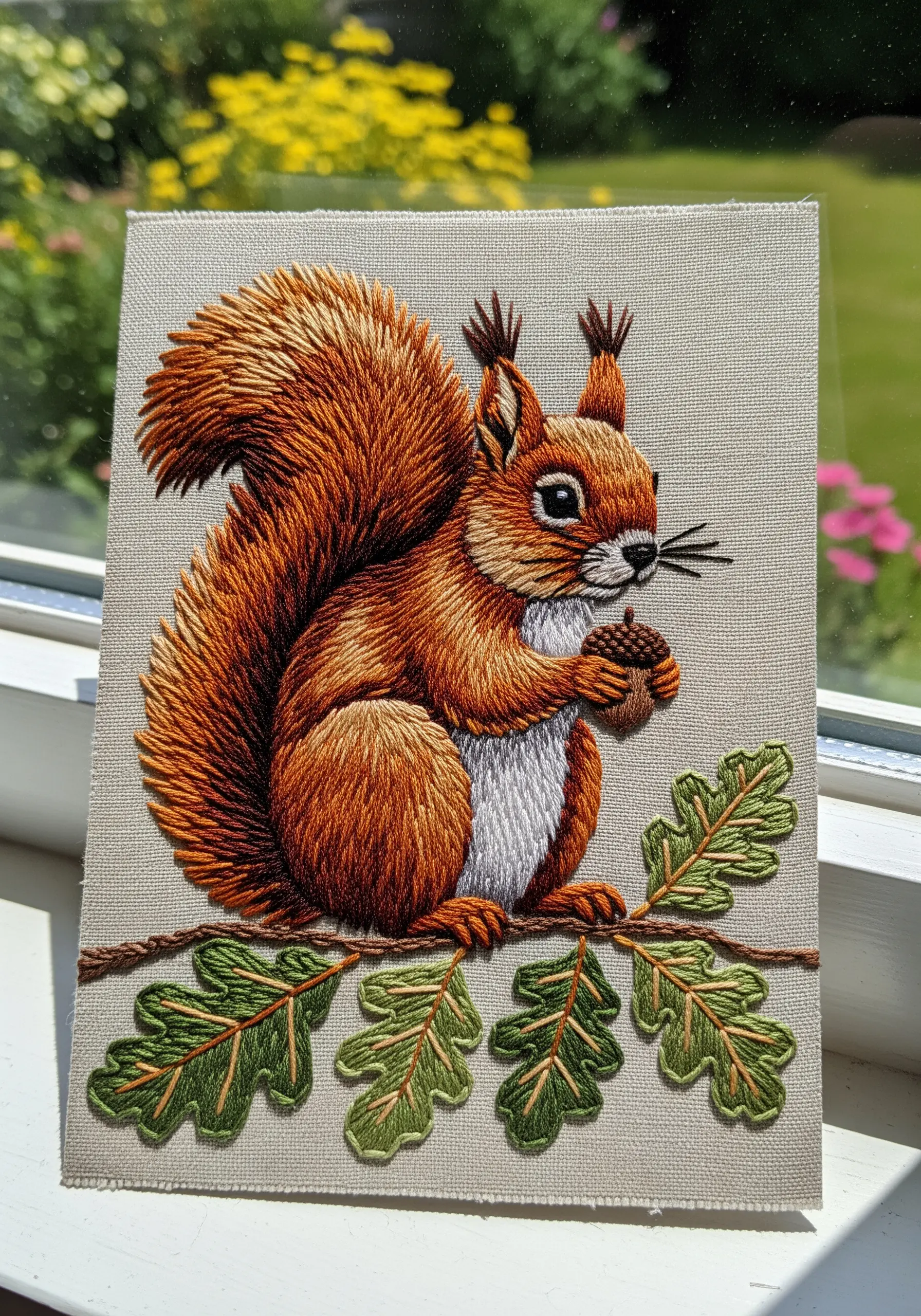 Red squirrel embroidery with a fluffy textured tail holding an acorn