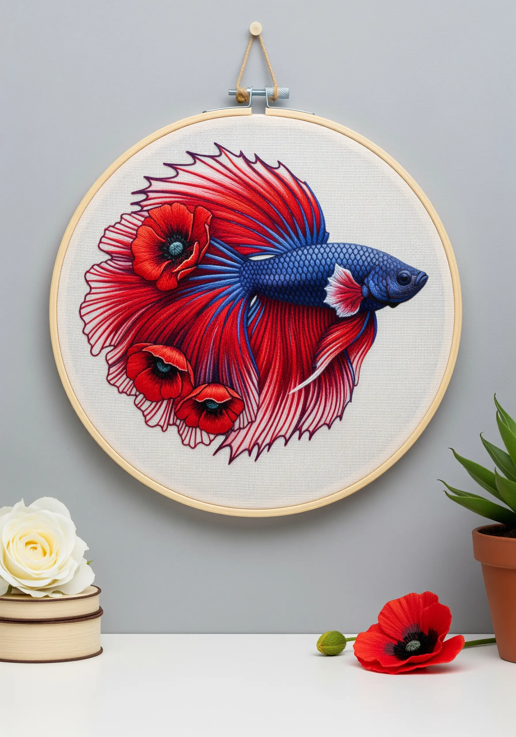Detailed thread-painted betta fish with flowing red and blue fins, accented with red poppies.