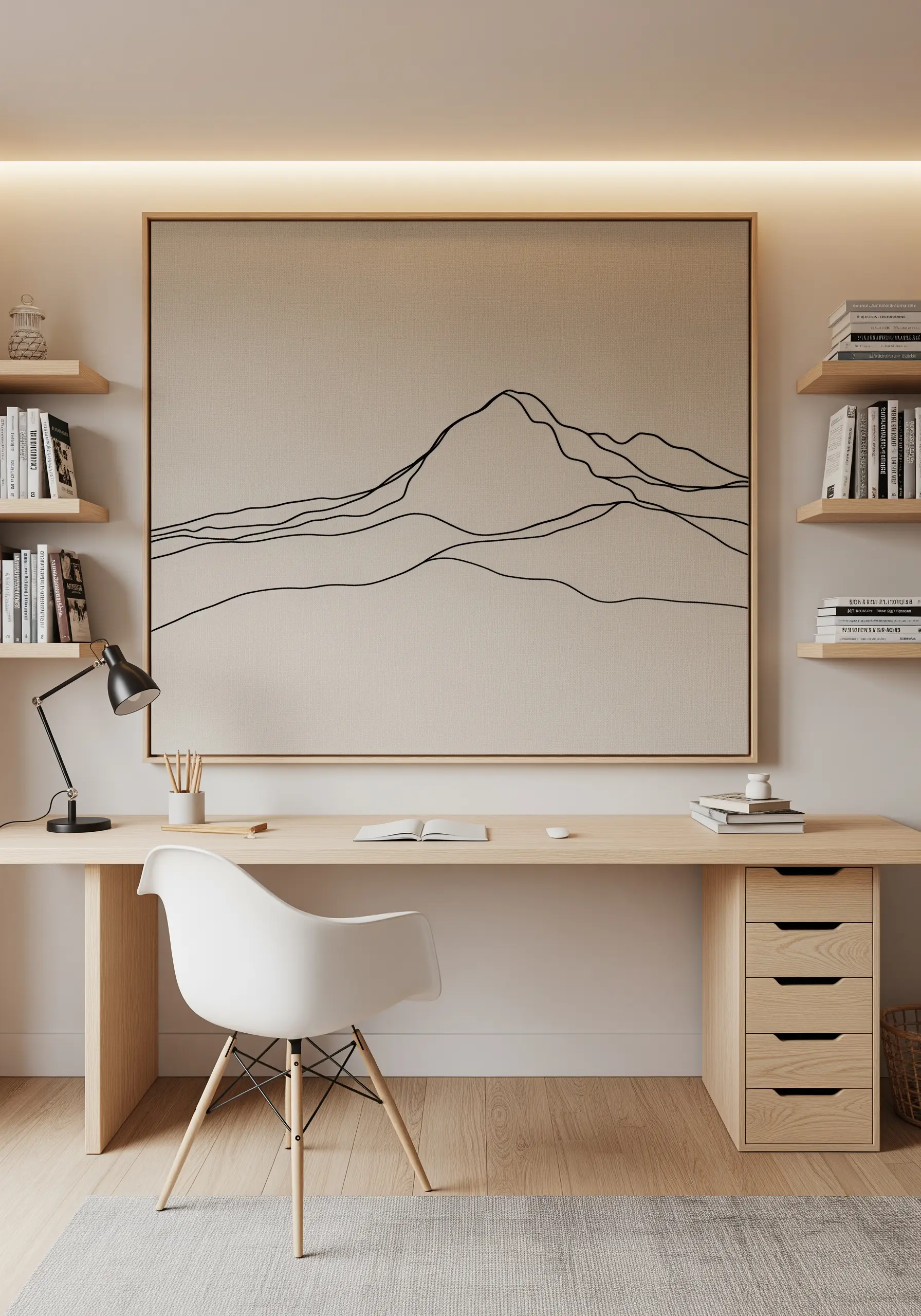 Minimalist mountain range embroidered with a bold, smooth black whipped backstitch.