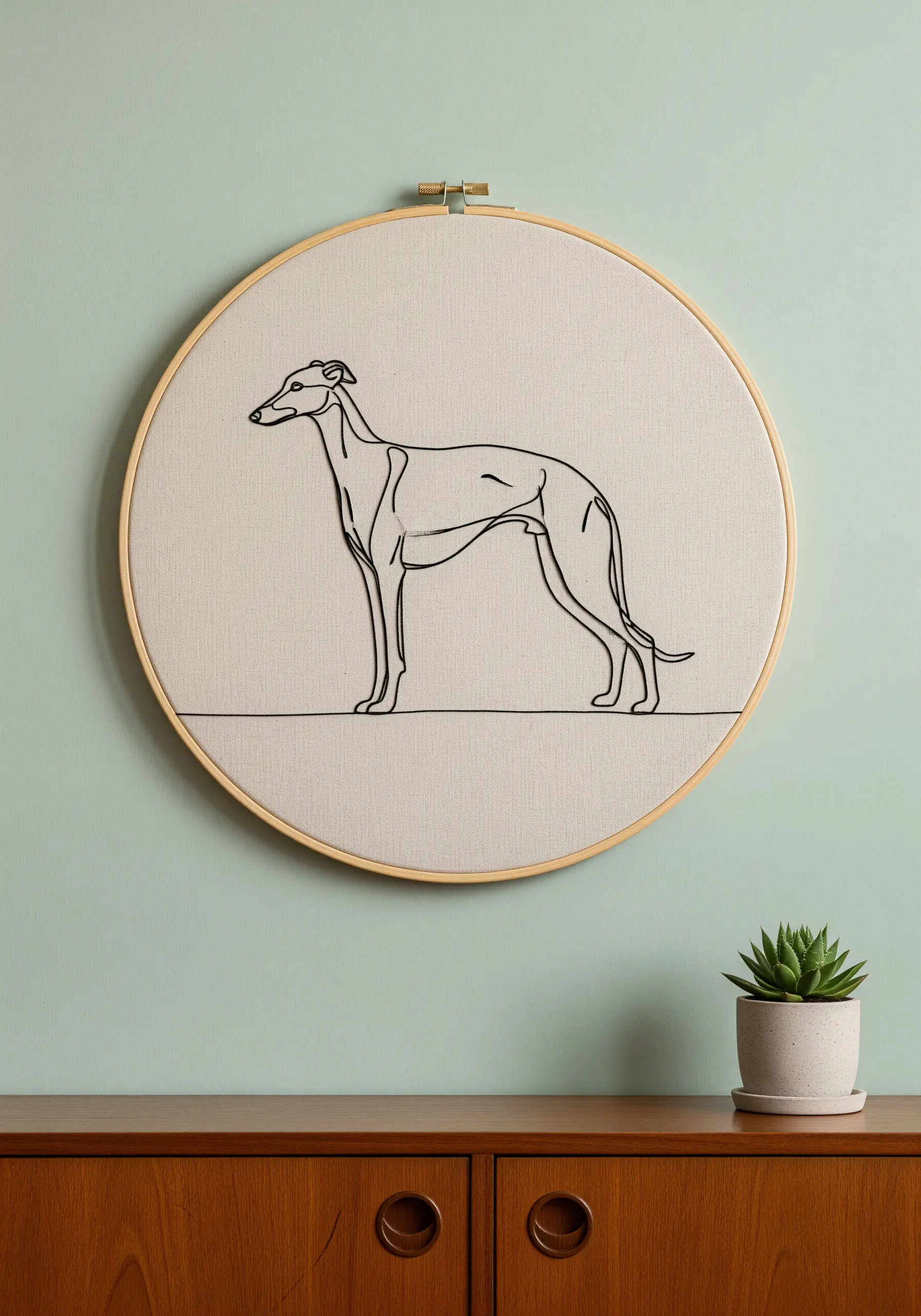 Minimalist greyhound line art embroidery on neutral linen hoop