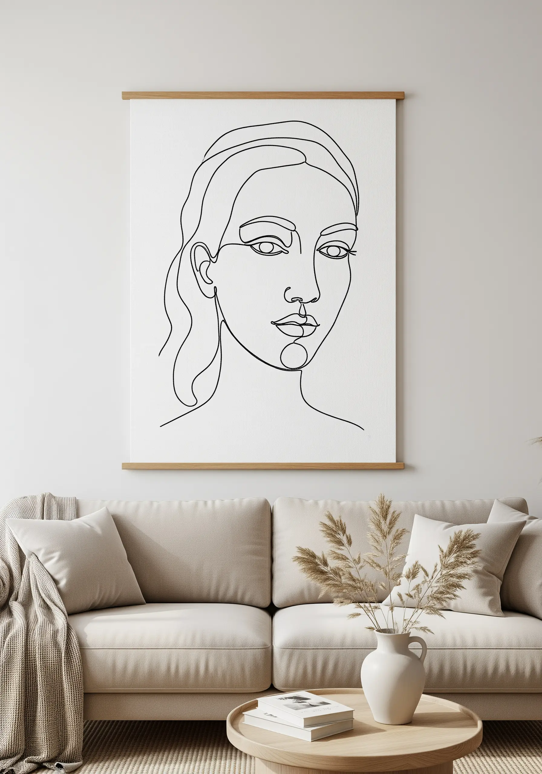 Minimalist continuous line face embroidery on large canvas wall hanging