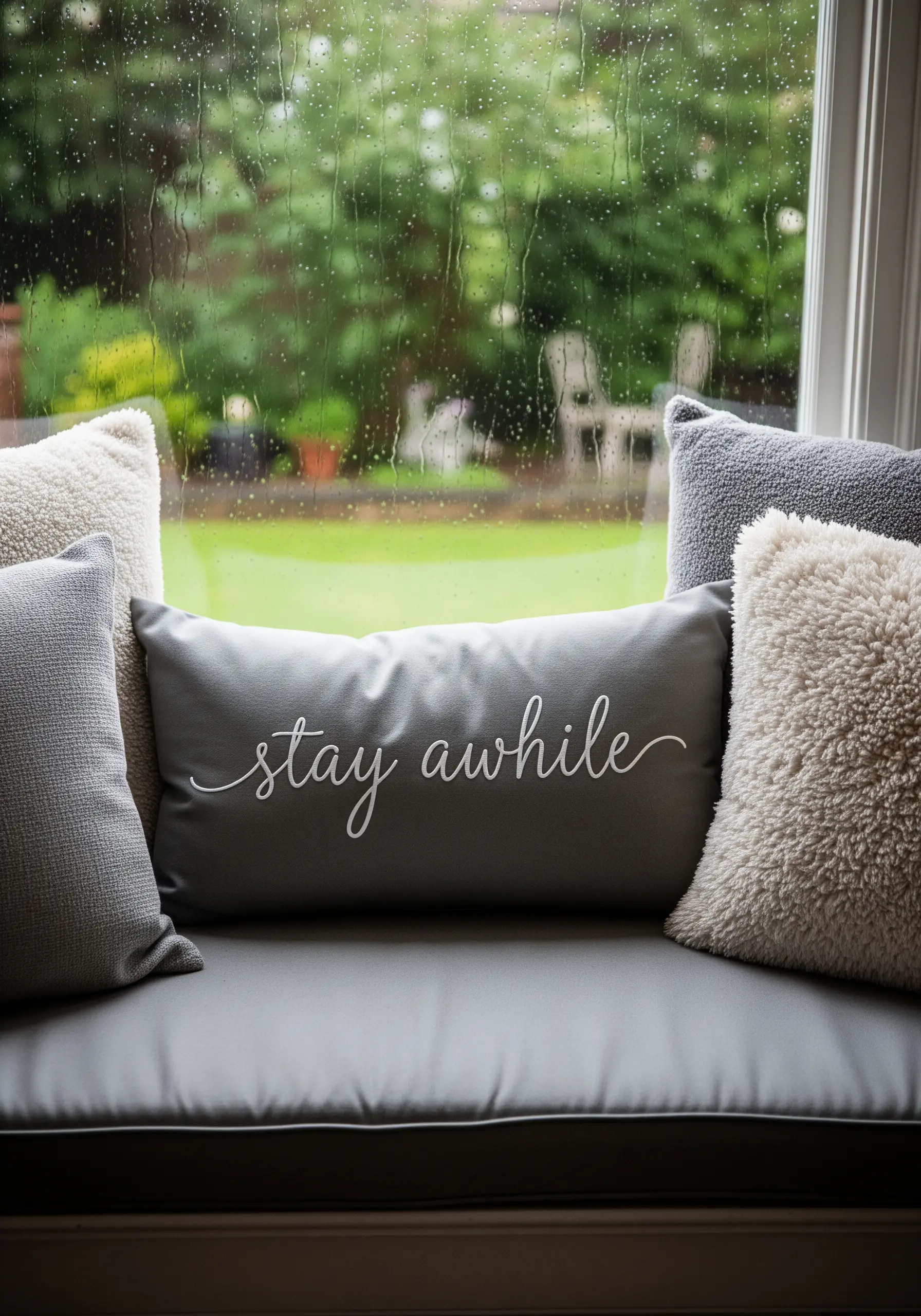 Grey lumbar pillow with Stay Awhile white script embroidery
