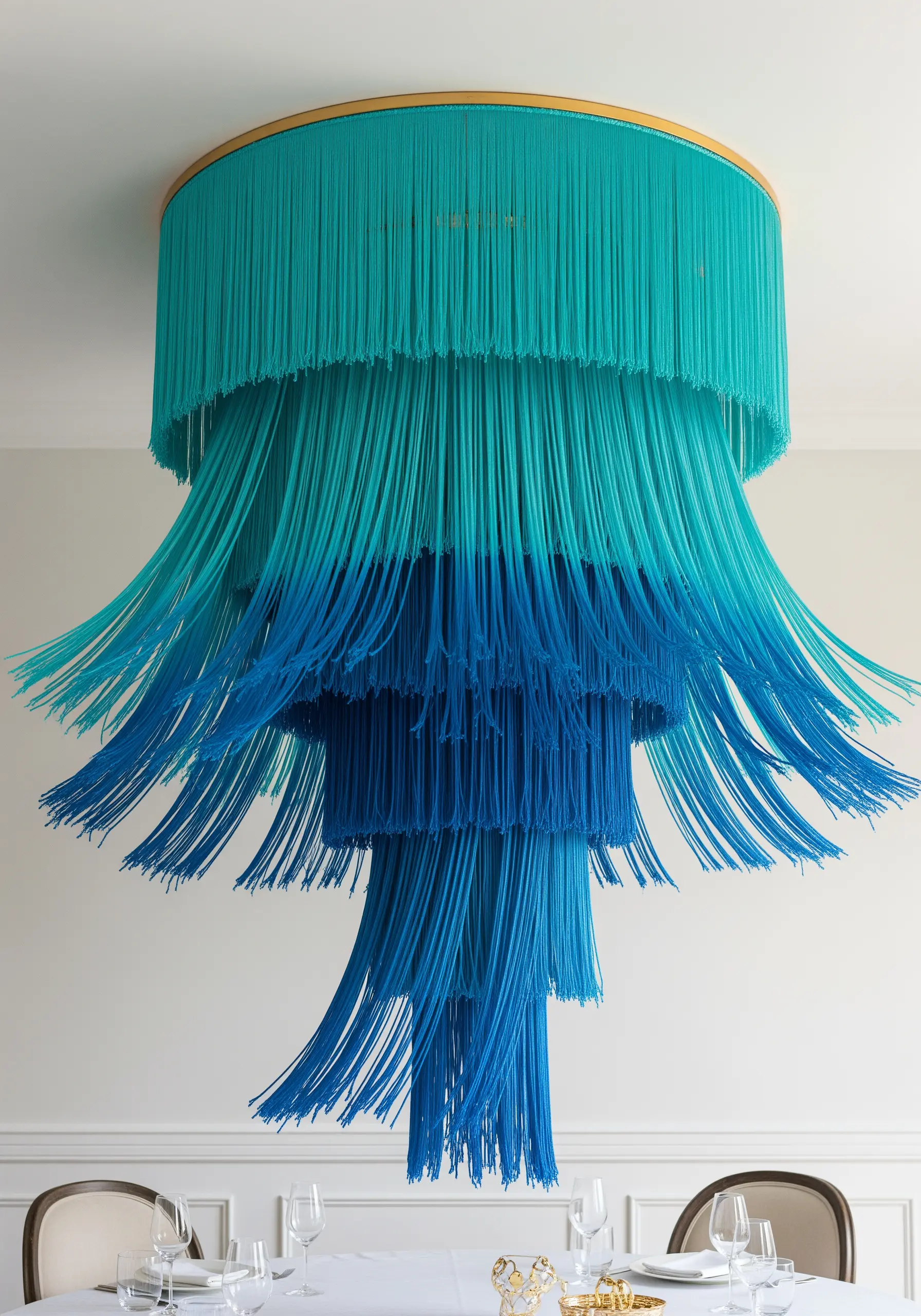 Tiered blue and teal fringe chandelier hanging from the ceiling