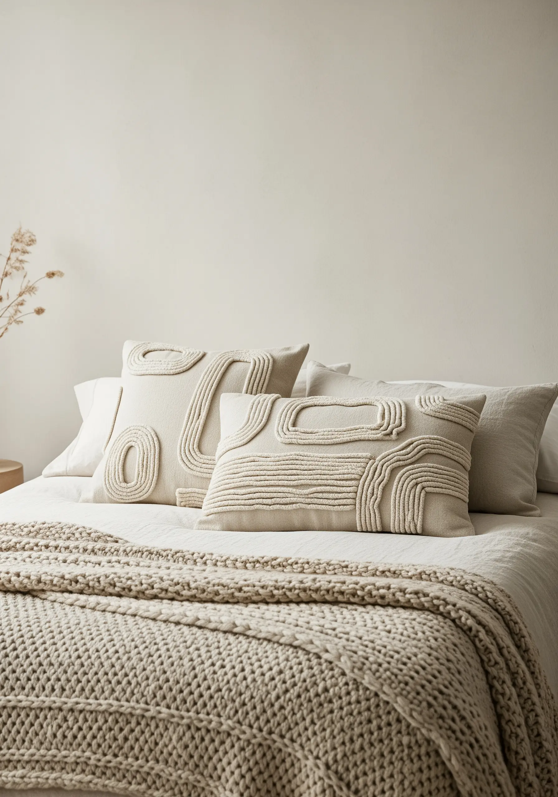 Cream-colored cushions with raised, abstract line patterns made from couched cording.