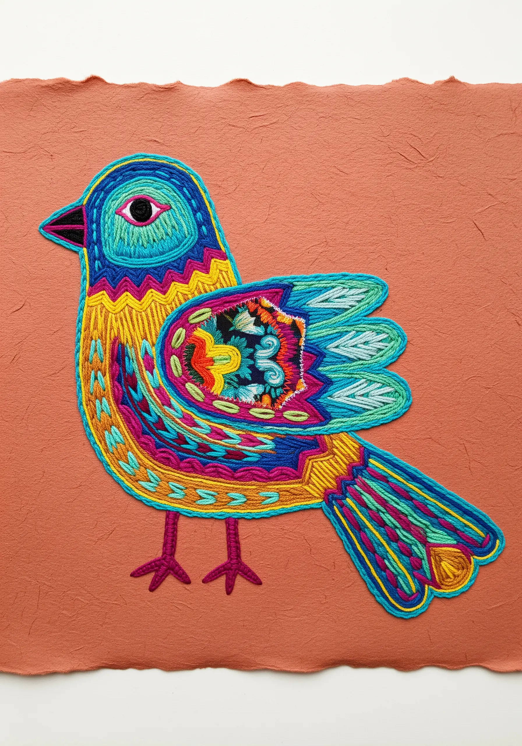 A colorful folk art bird embroidered with dense, concentric lines of thread.
