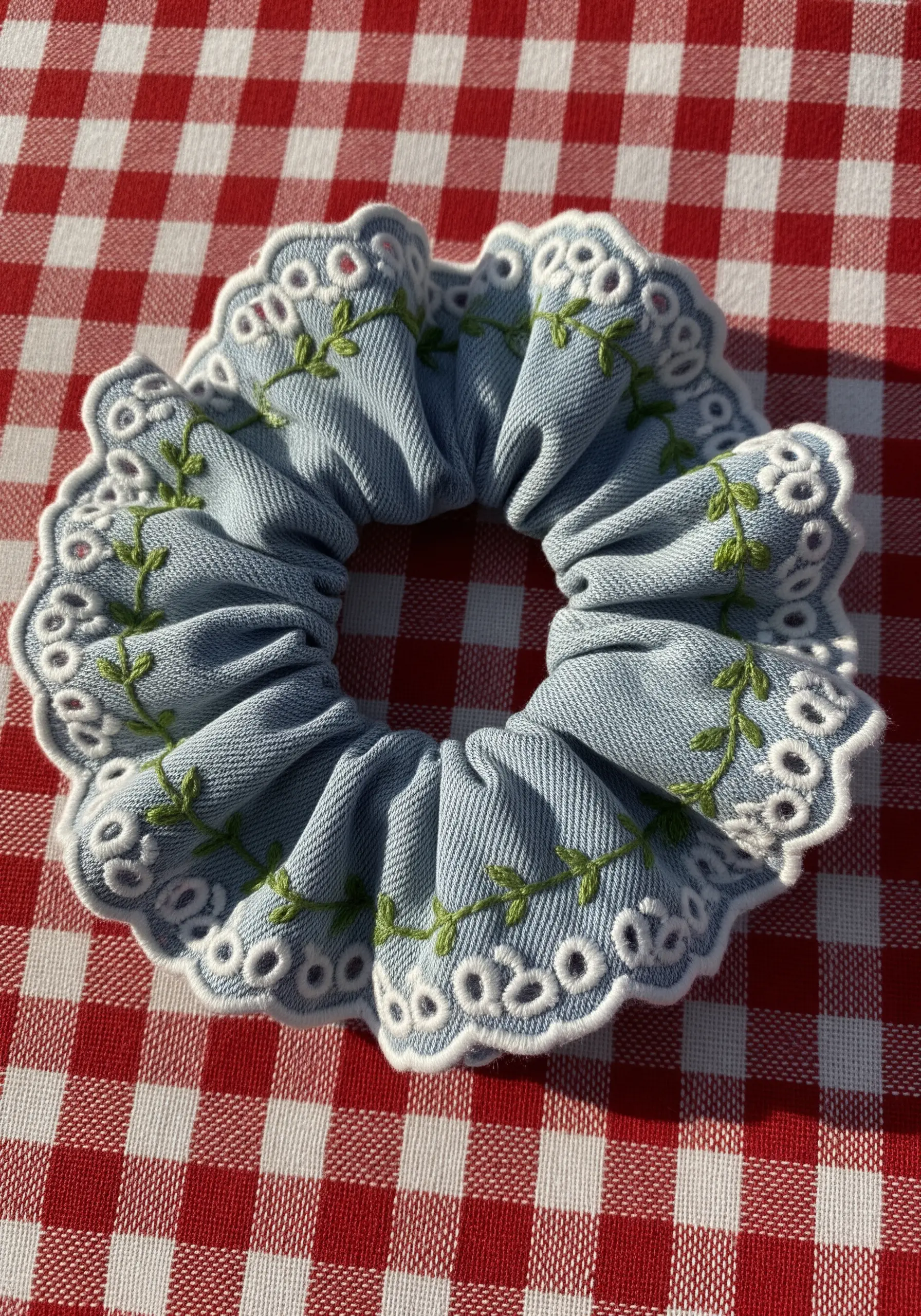 Green vine embroidery on denim eyelet scrunchie