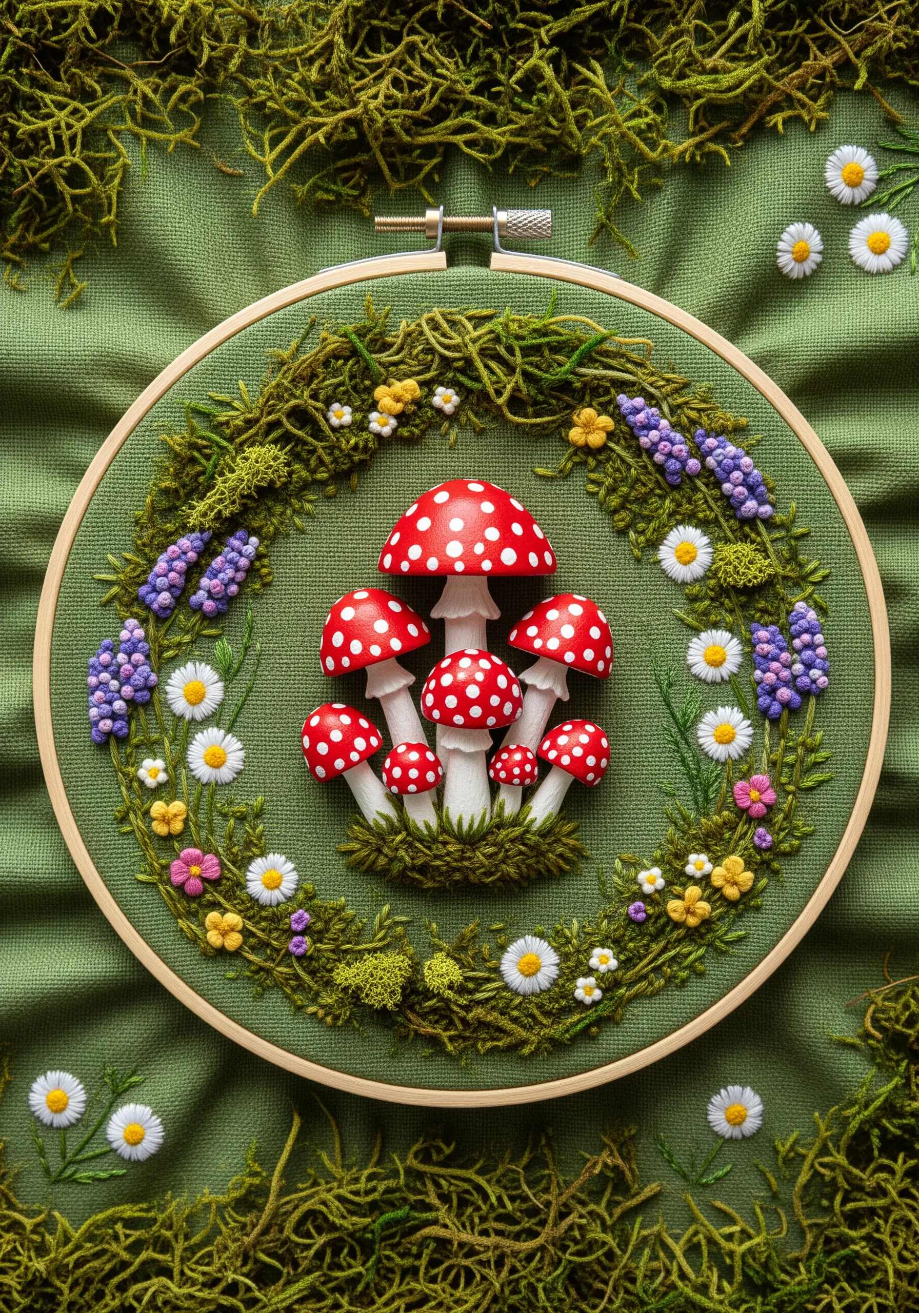 Embroidery hoop with 3D stitched mushrooms surrounded by preserved green moss and small flowers.