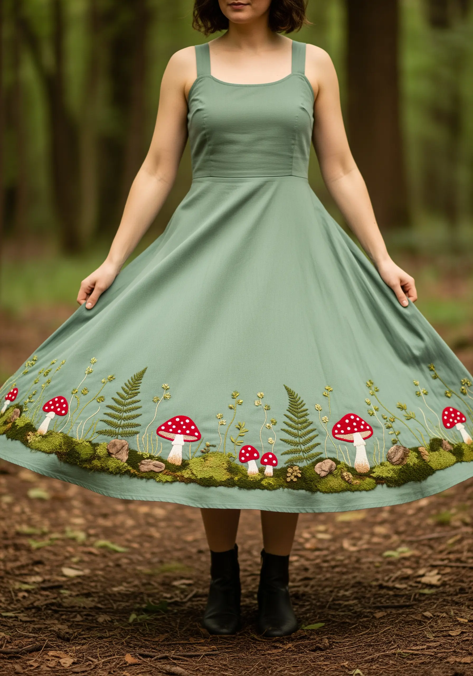 Green dress with embroidered mushrooms ferns and moss texture at hem