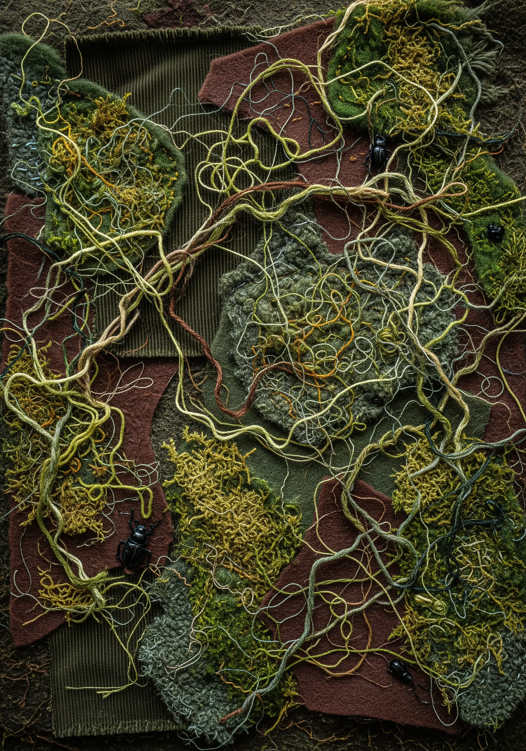 A dark, textural collage of green and brown fabrics with tangled threads and beetle embellishments.