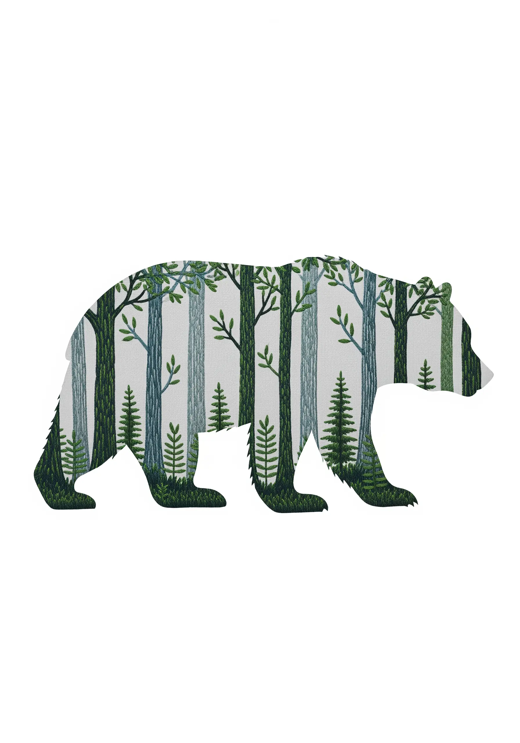 An embroidered forest scene contained within the silhouette of a bear.