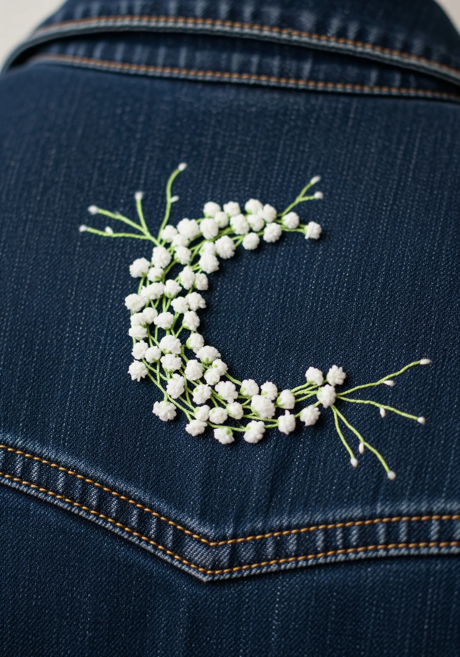 A crescent-shaped spray of baby's breath made with white French knots on a dark denim jacket.
