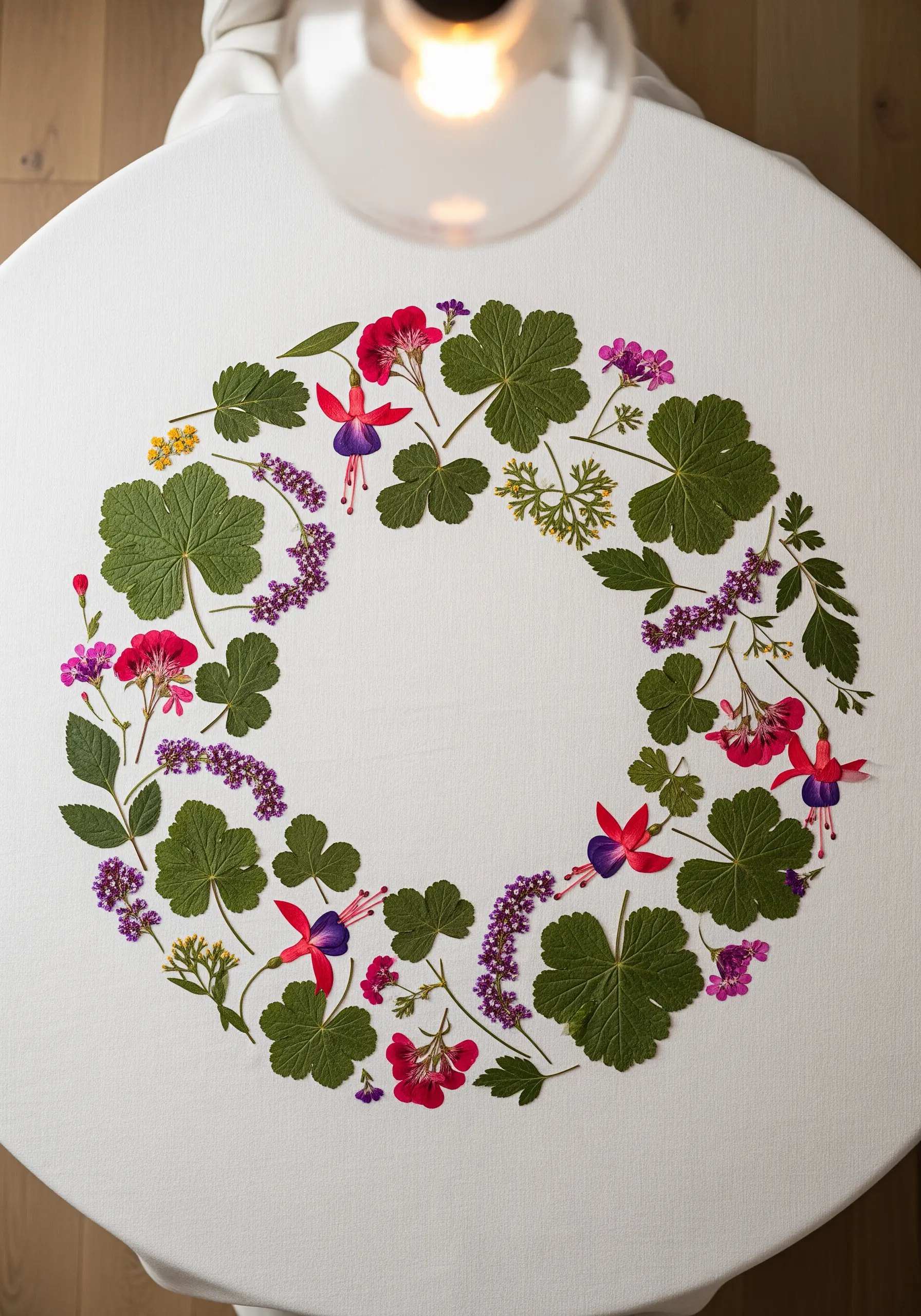 A vibrant, airy wreath of embroidered leaves and flowers on the center of a white tablecloth.