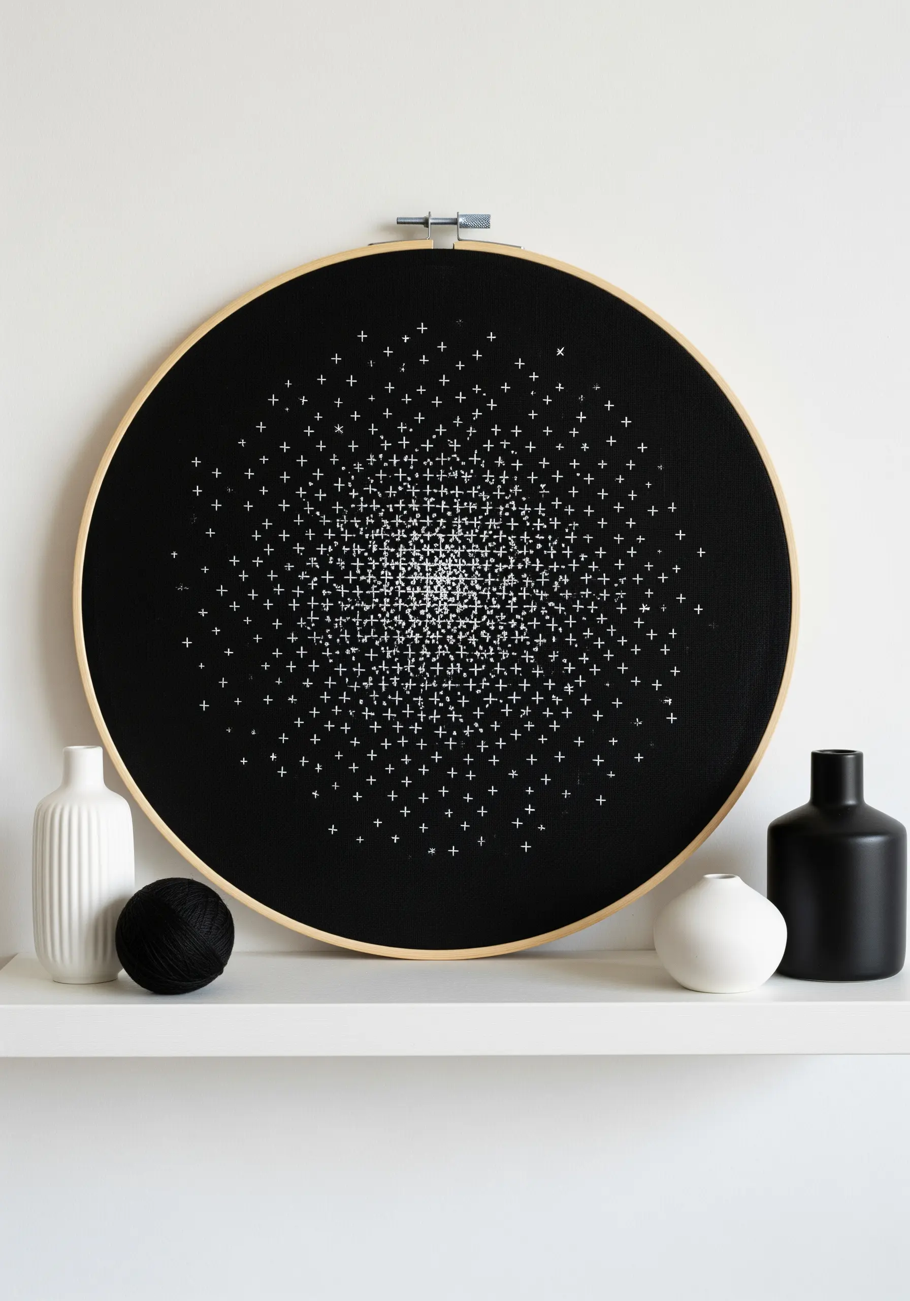 A starburst gradient made of tiny white cross stitches on a large black hoop.