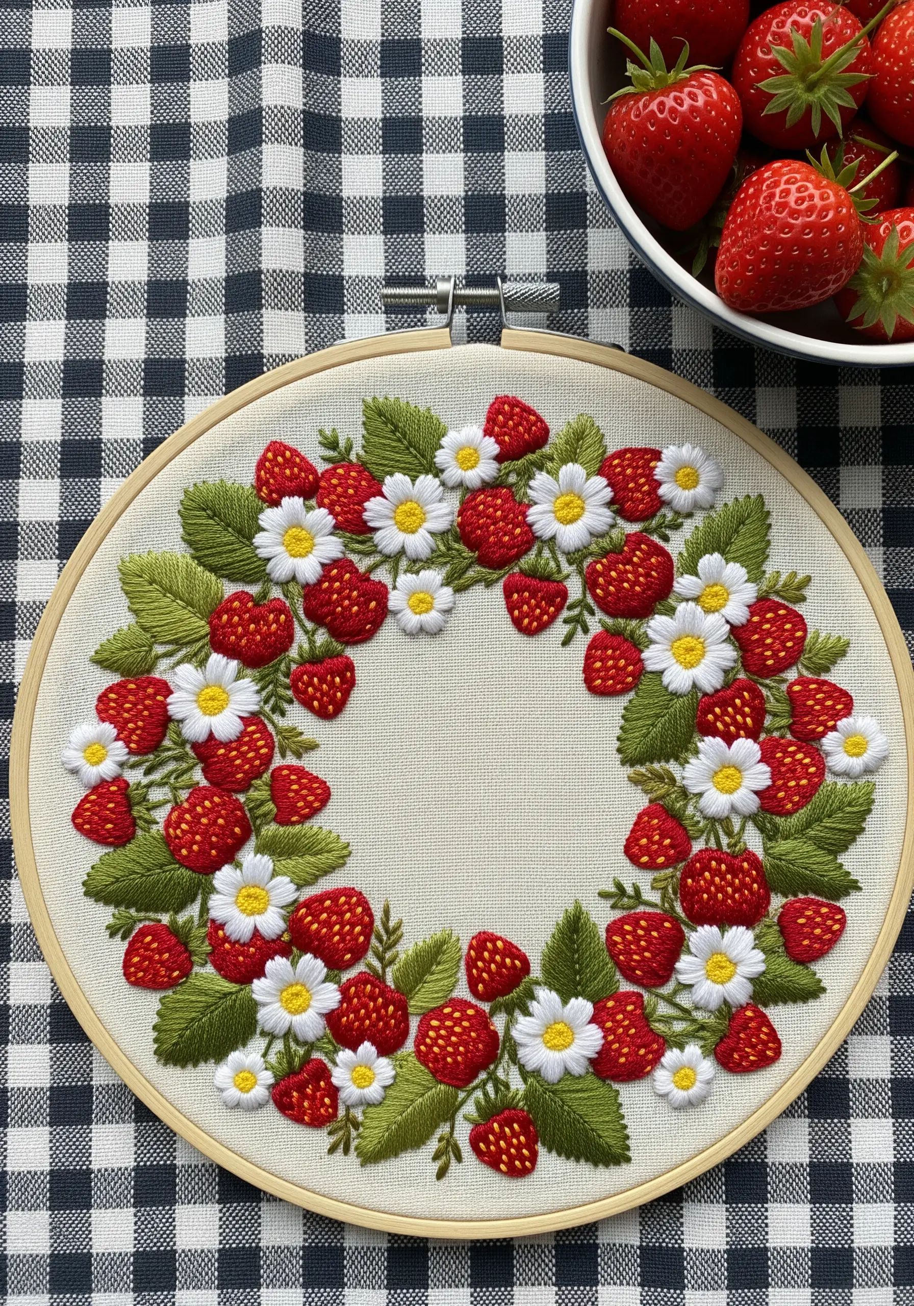 A hoop art wreath design with embroidered strawberries, white flowers, and green leaves.