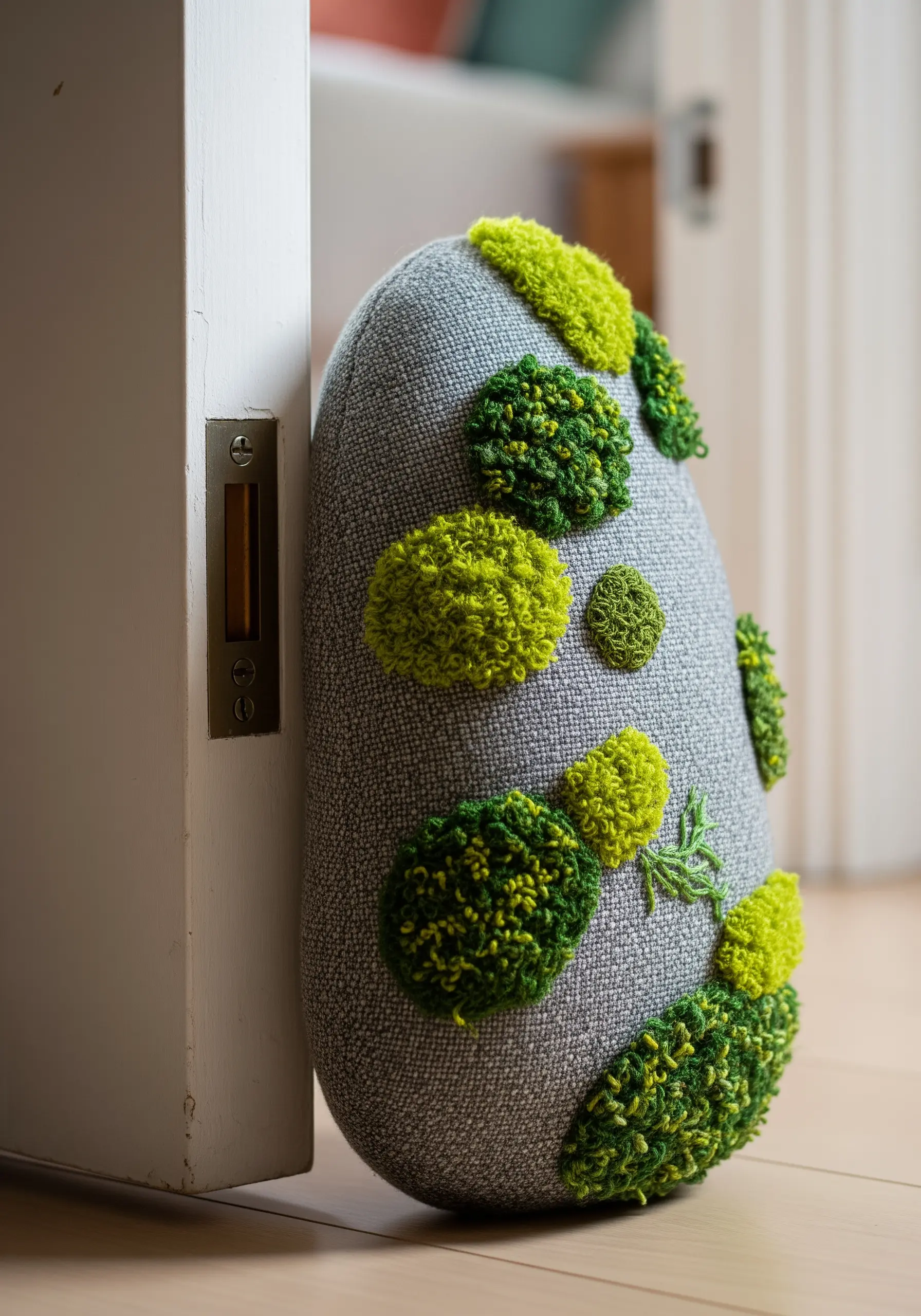 A grey, stone-shaped pillow decorated with dense clusters of green and yellow French knot embroidery.