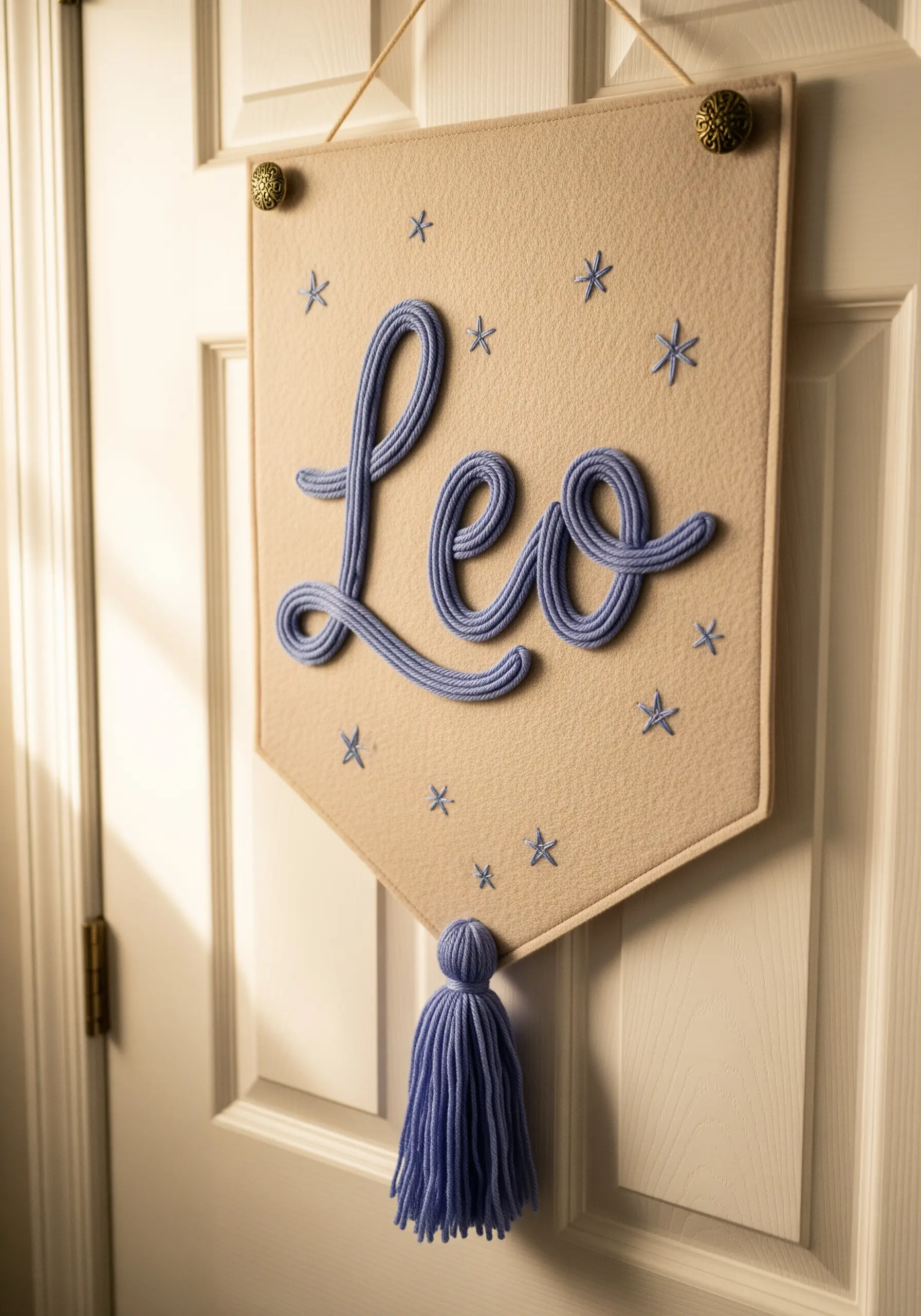 A personalized name banner with the name 'Leo' stitched in raised purple yarn using couching.