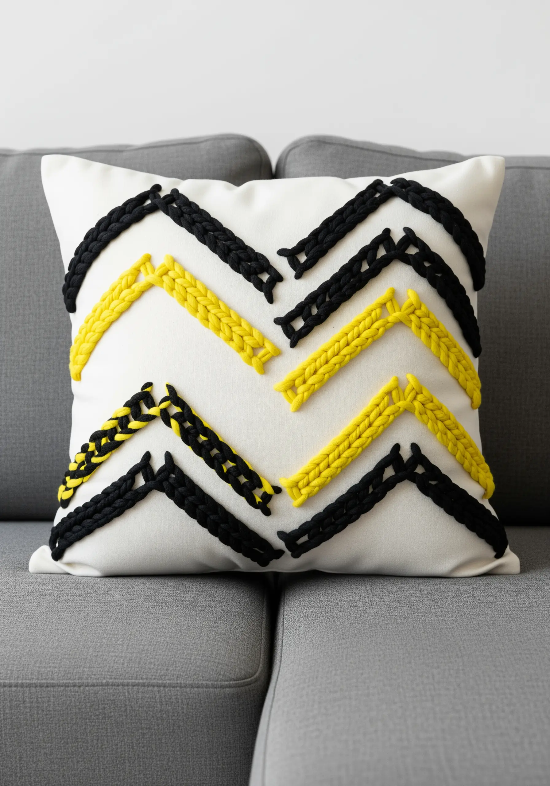 A white pillow with a bold chevron pattern made from black and yellow braided yarn.