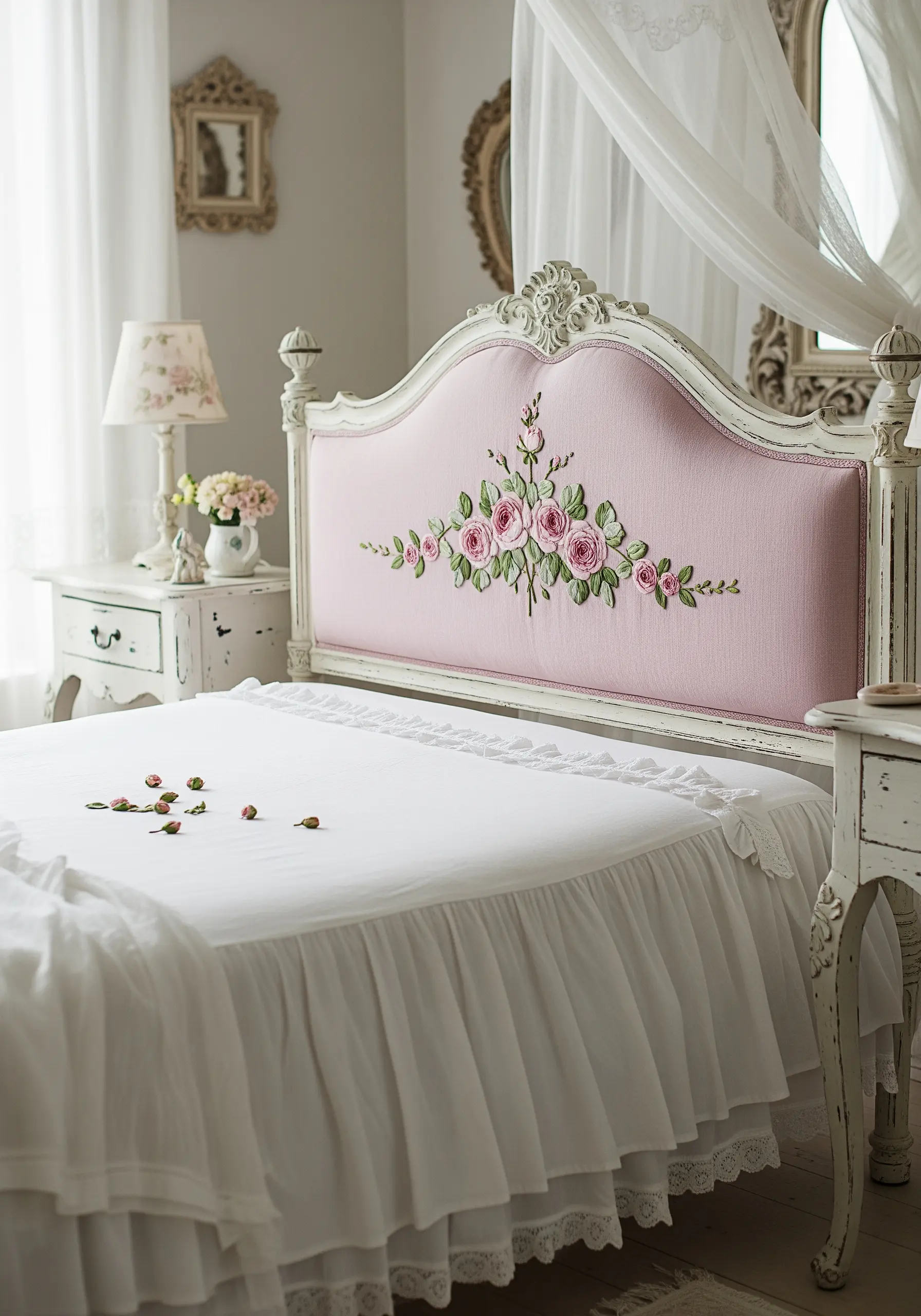 A garland of pink roses and green leaves created with ribbon embroidery on a pink headboard.