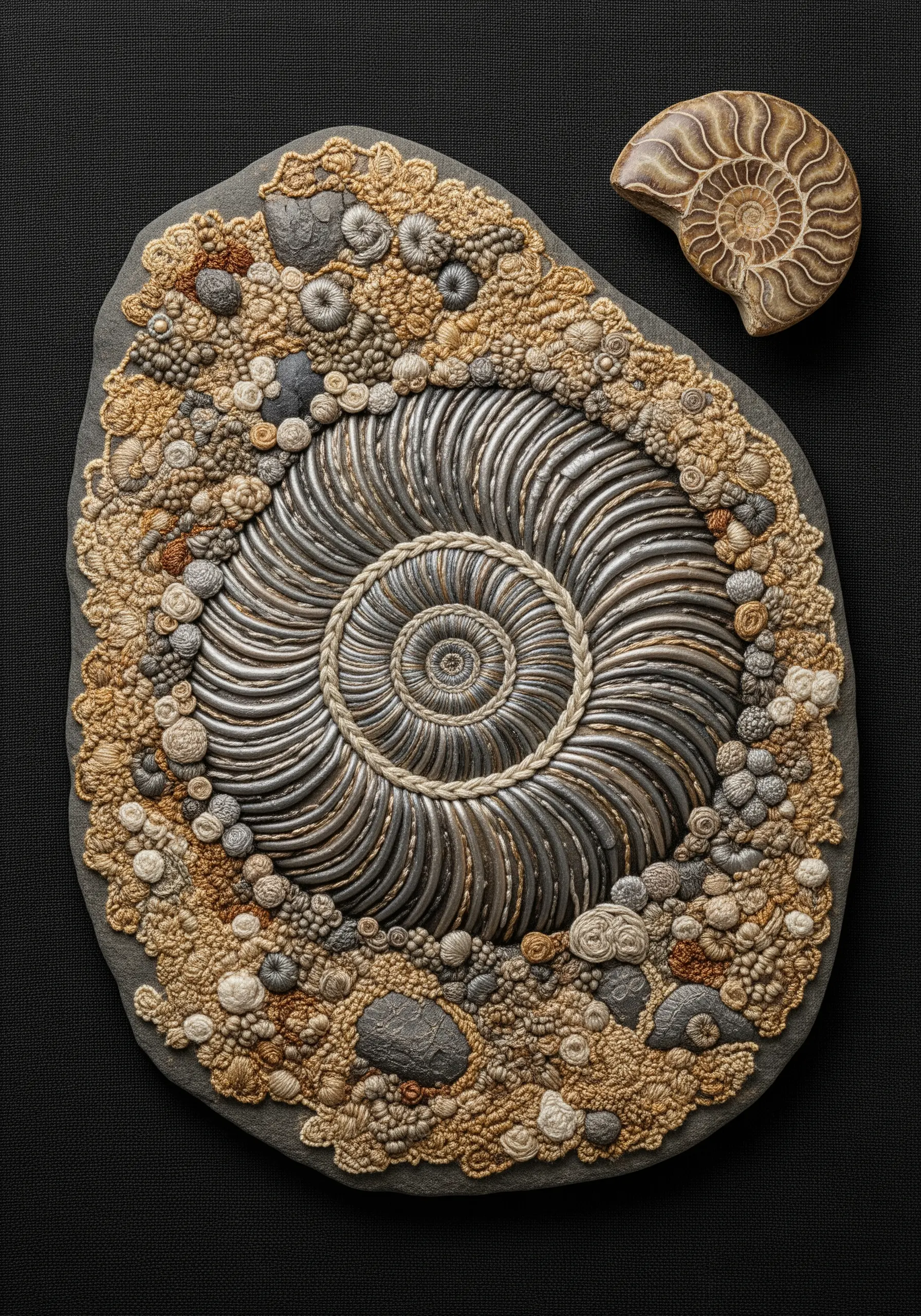 An embroidered ammonite fossil with a metallic spiral center surrounded by textured brown and gray knots.