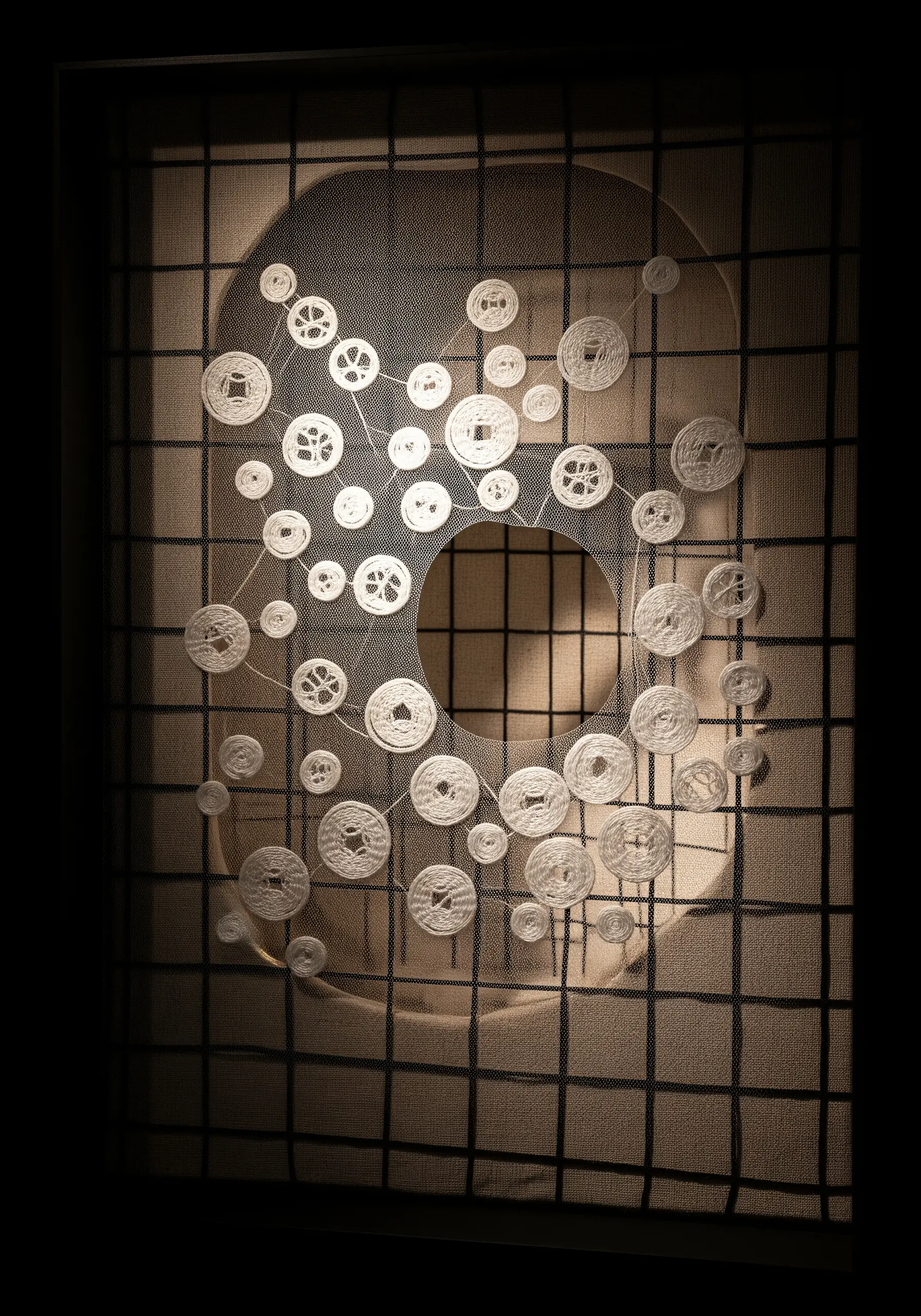 Abstract white circles and mesh embroidery on black grid