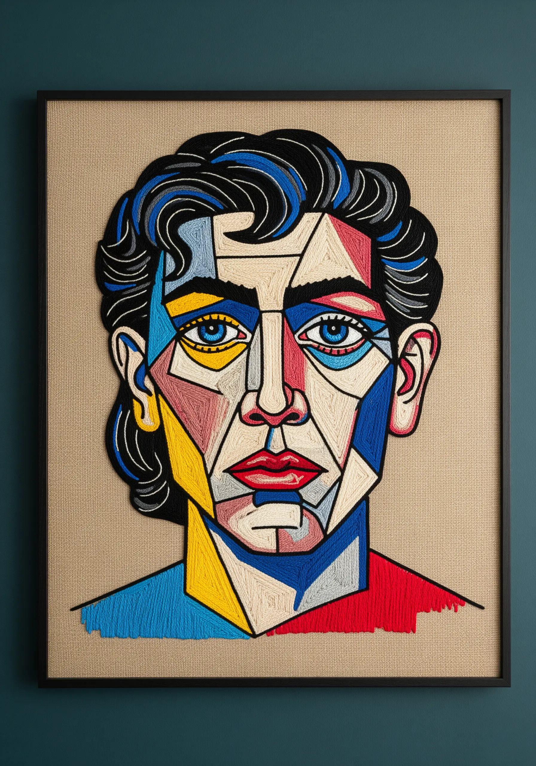 A framed Cubist portrait made with bold, color-blocked satin stitch sections.