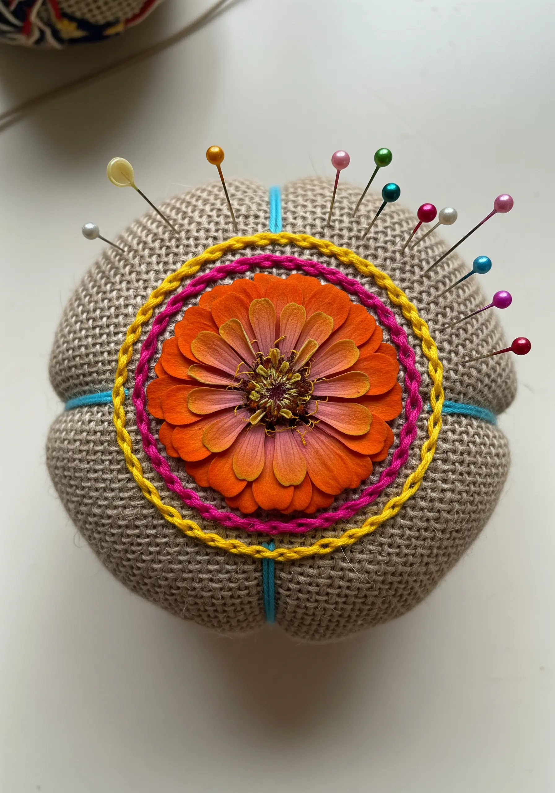 A pressed orange zinnia on a burlap pincushion, framed by circles of colorful whipped stitches.