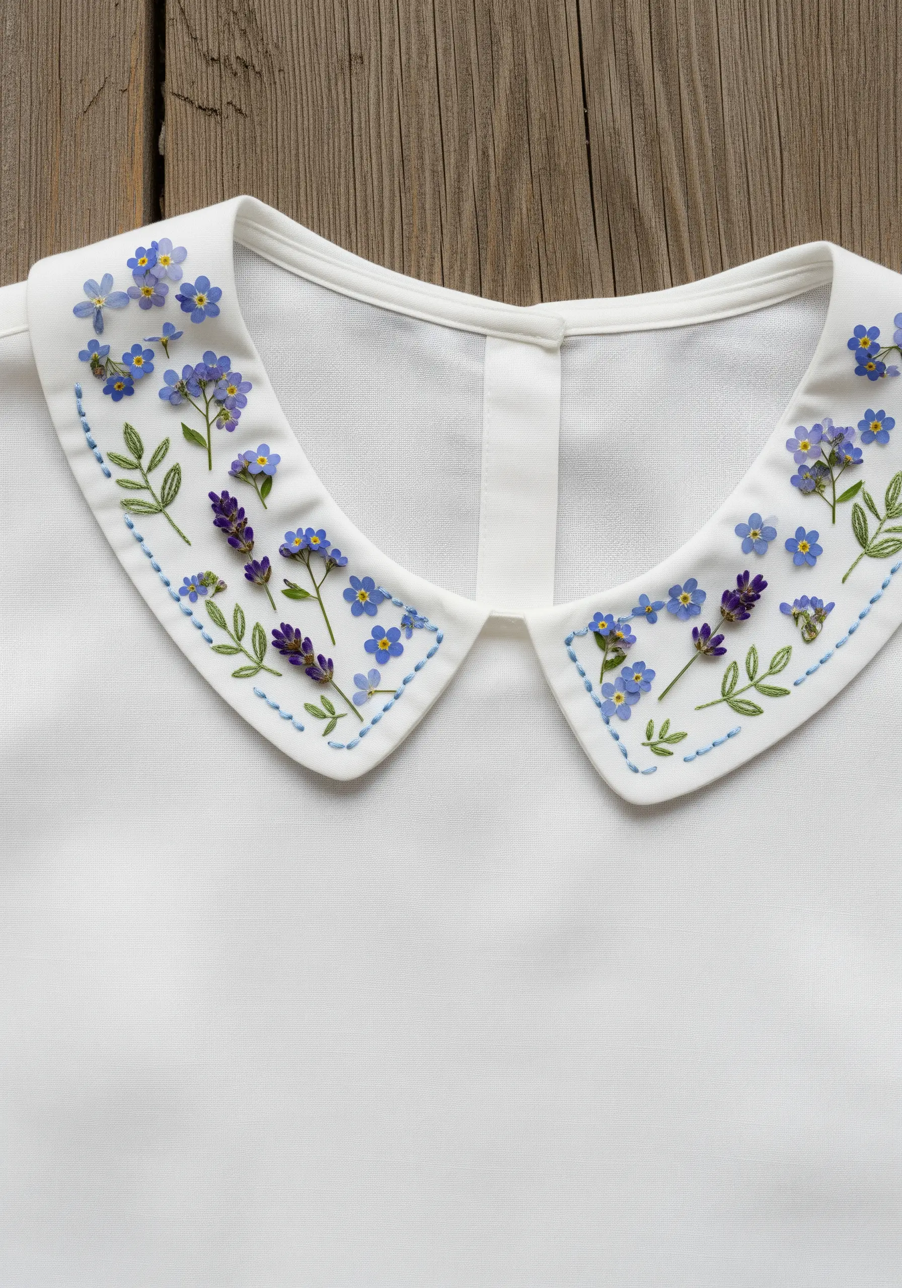 A white shirt collar embellished with pressed forget-me-nots and lavender.