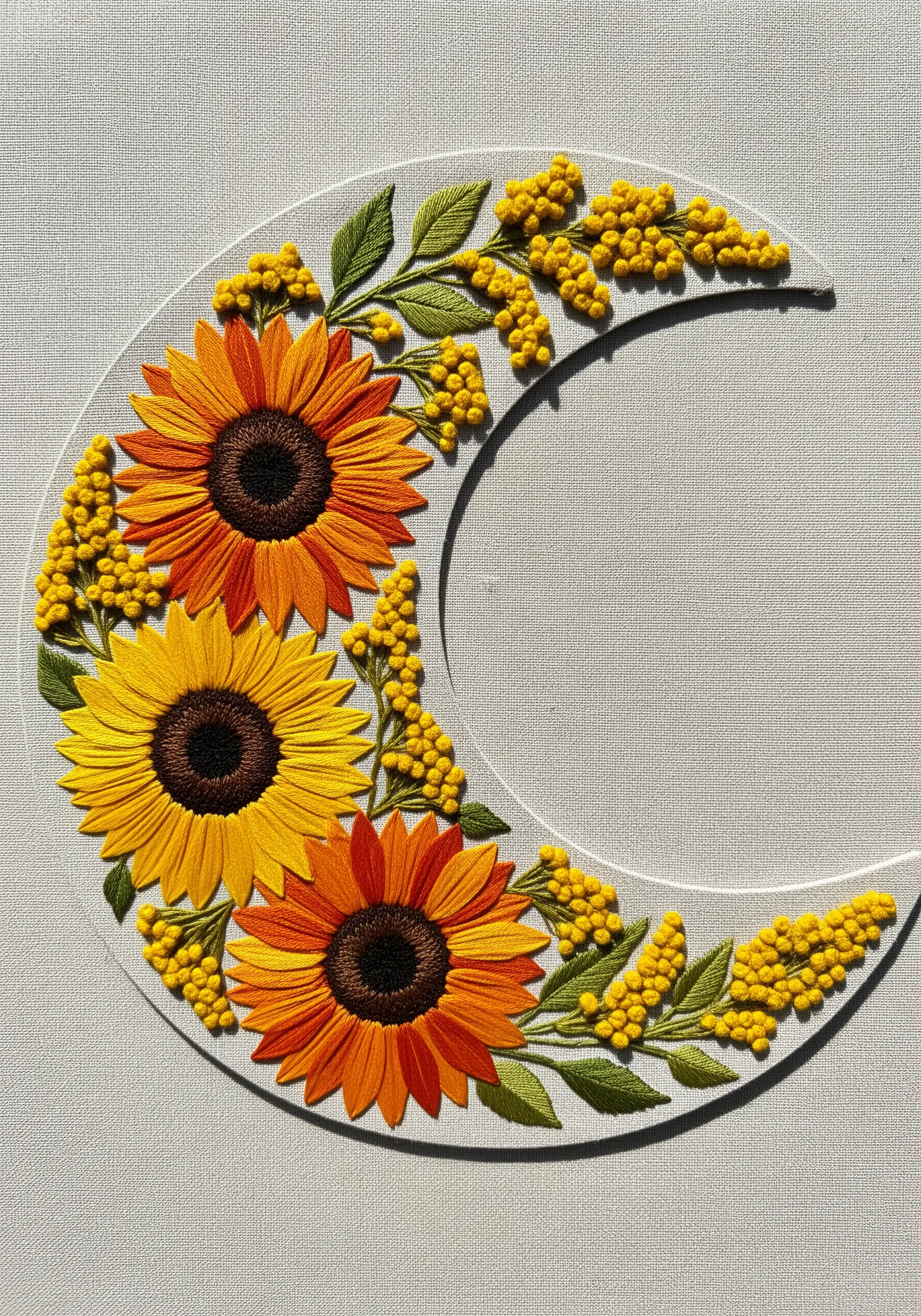 Embroidered sunflowers and yellow buds arranged in a crescent moon shape on neutral fabric.