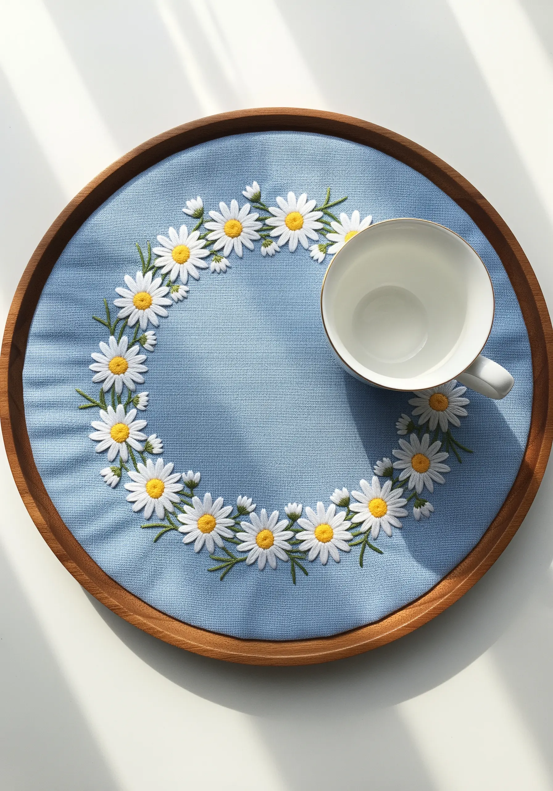 An embroidery hoop with a wreath of stitched daisies set inside a round wooden tray.