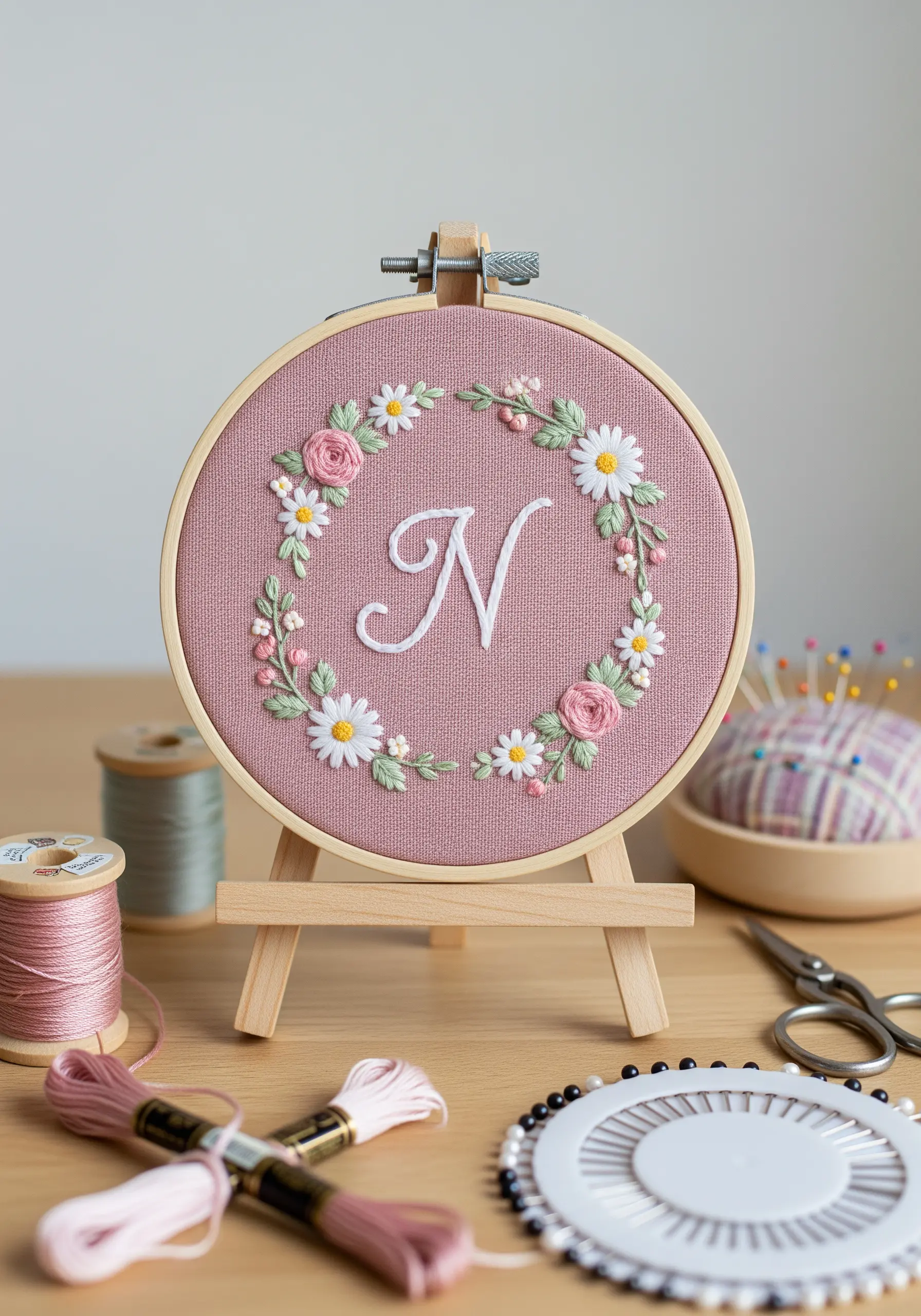 An embroidered letter 'N' centered within a delicate floral wreath on pink fabric in a hoop.