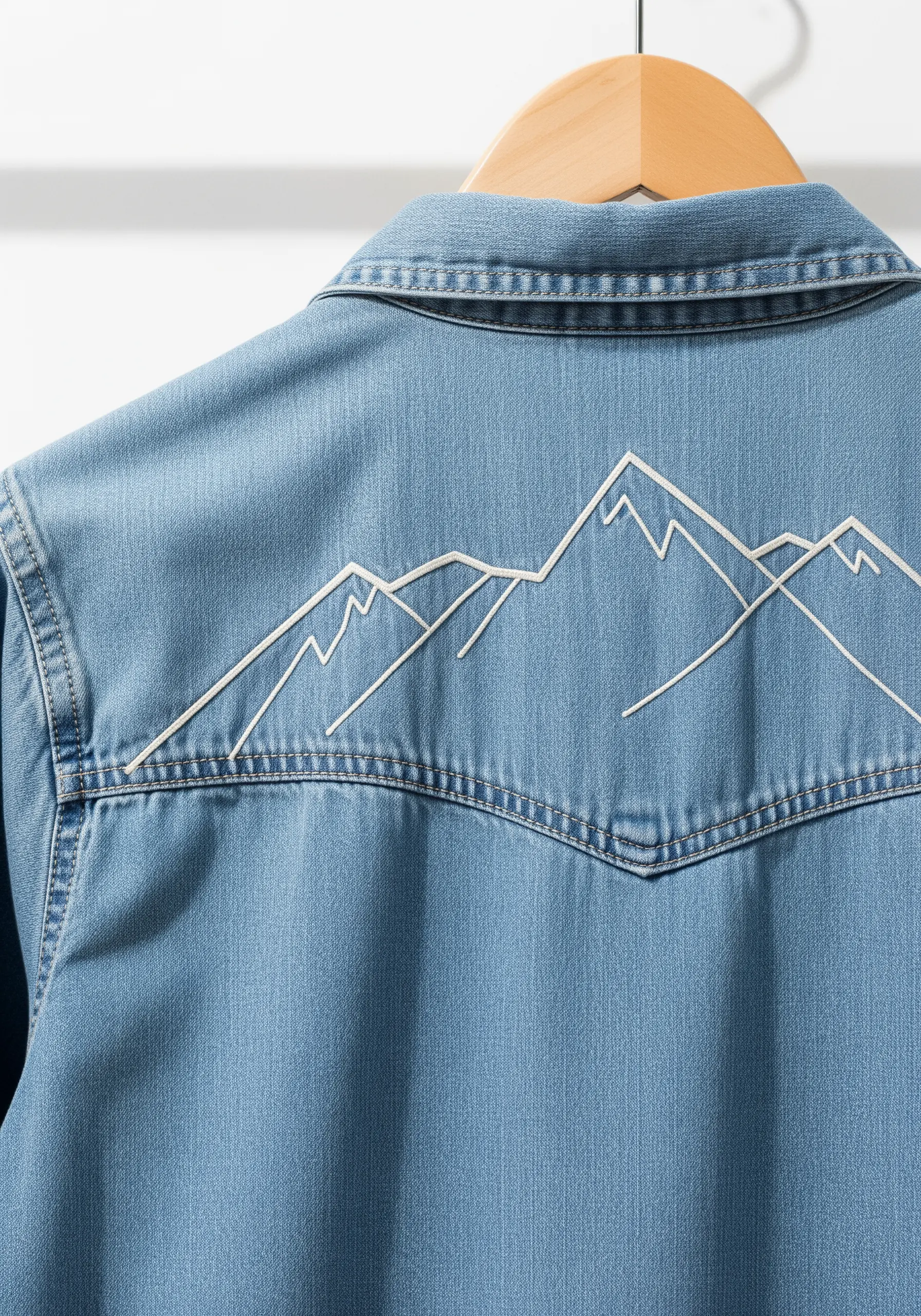 A minimalist mountain range embroidered in white thread across the back yoke of a denim shirt.