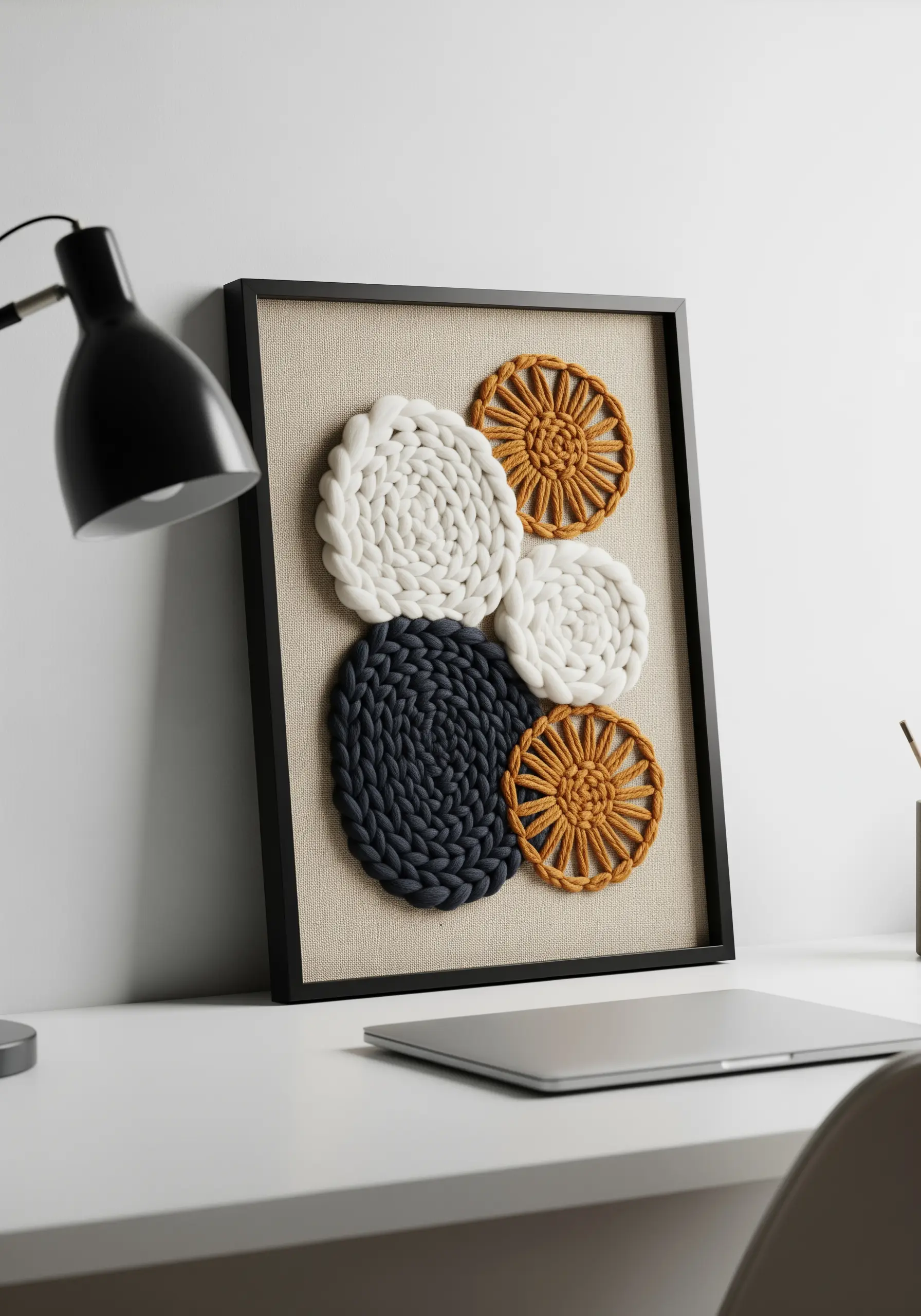 Framed wall art with coiled chunky yarn and woven macrame circles.