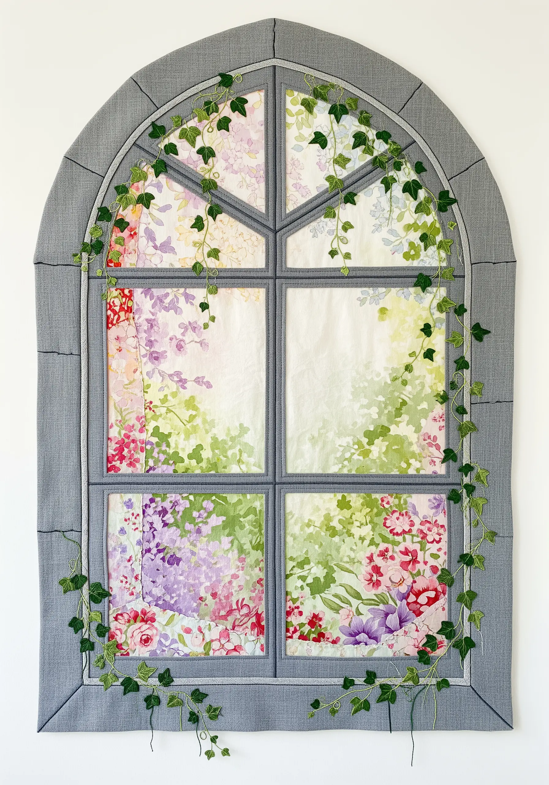 Fabric collage of an arched window with a floral view and embroidered ivy.