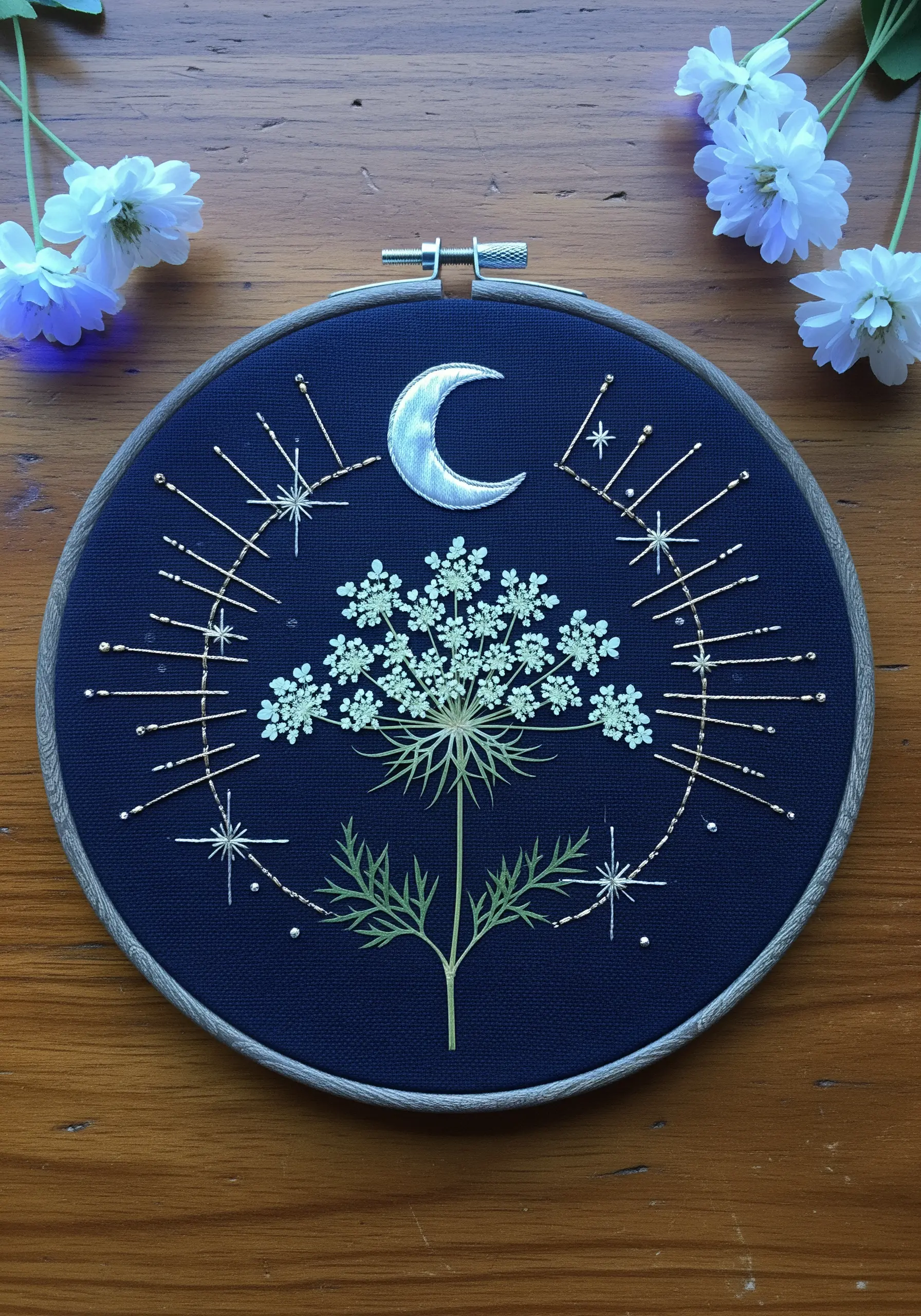 Pressed Queen Anne's lace framed by metallic thread stars and a silver moon on dark blue fabric.