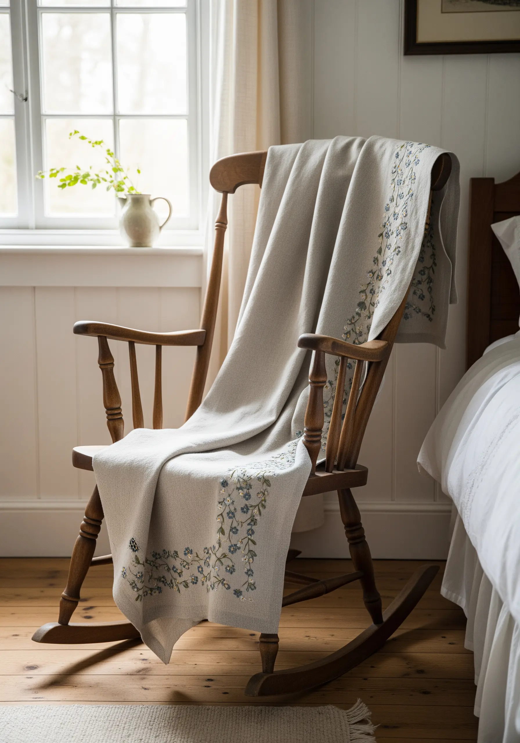 Soft-neutral linen throw with a blue and green floral border draped over a wooden rocking chair.