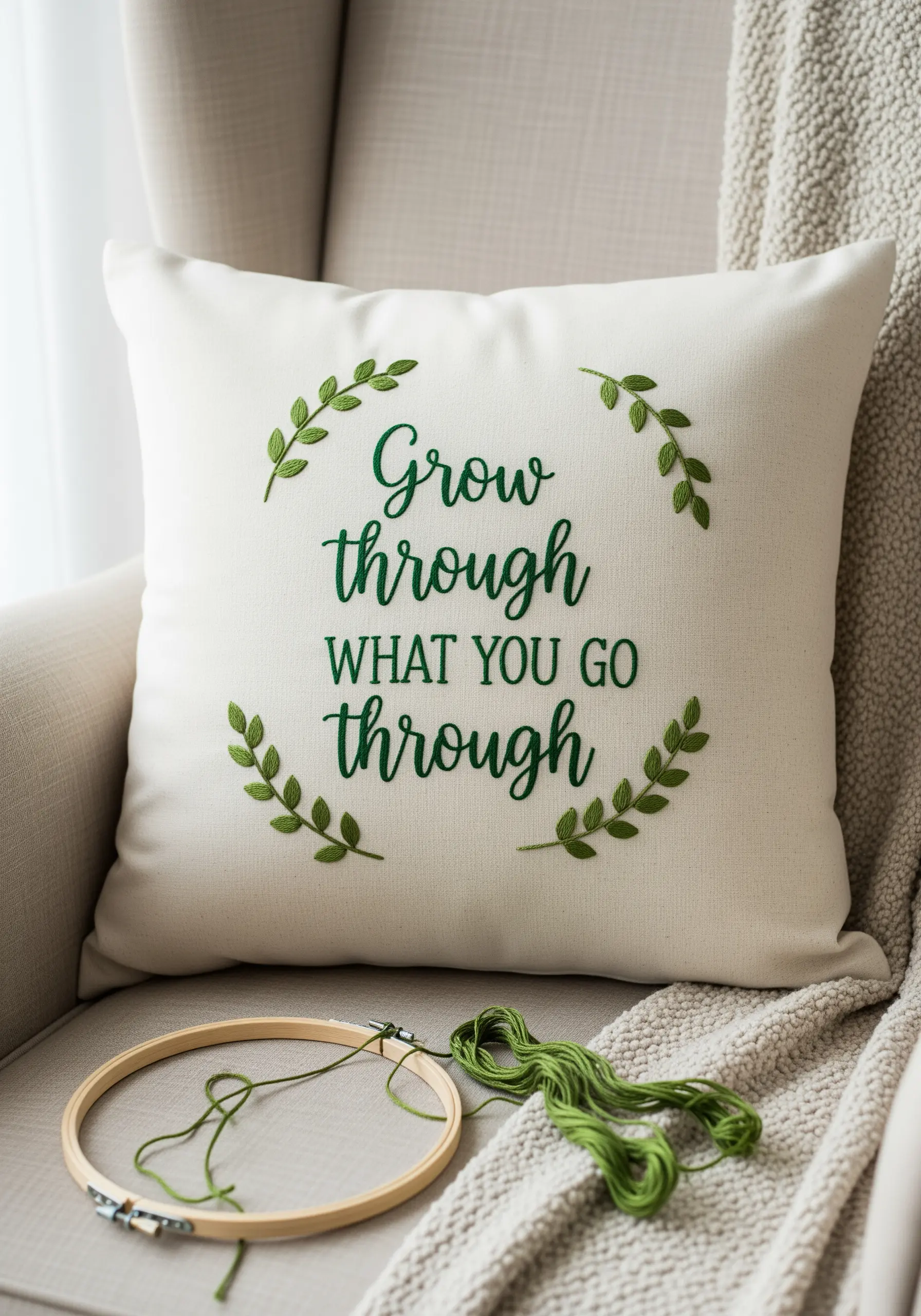 An embroidered quote on a white pillow, framed by green laurel leaves.