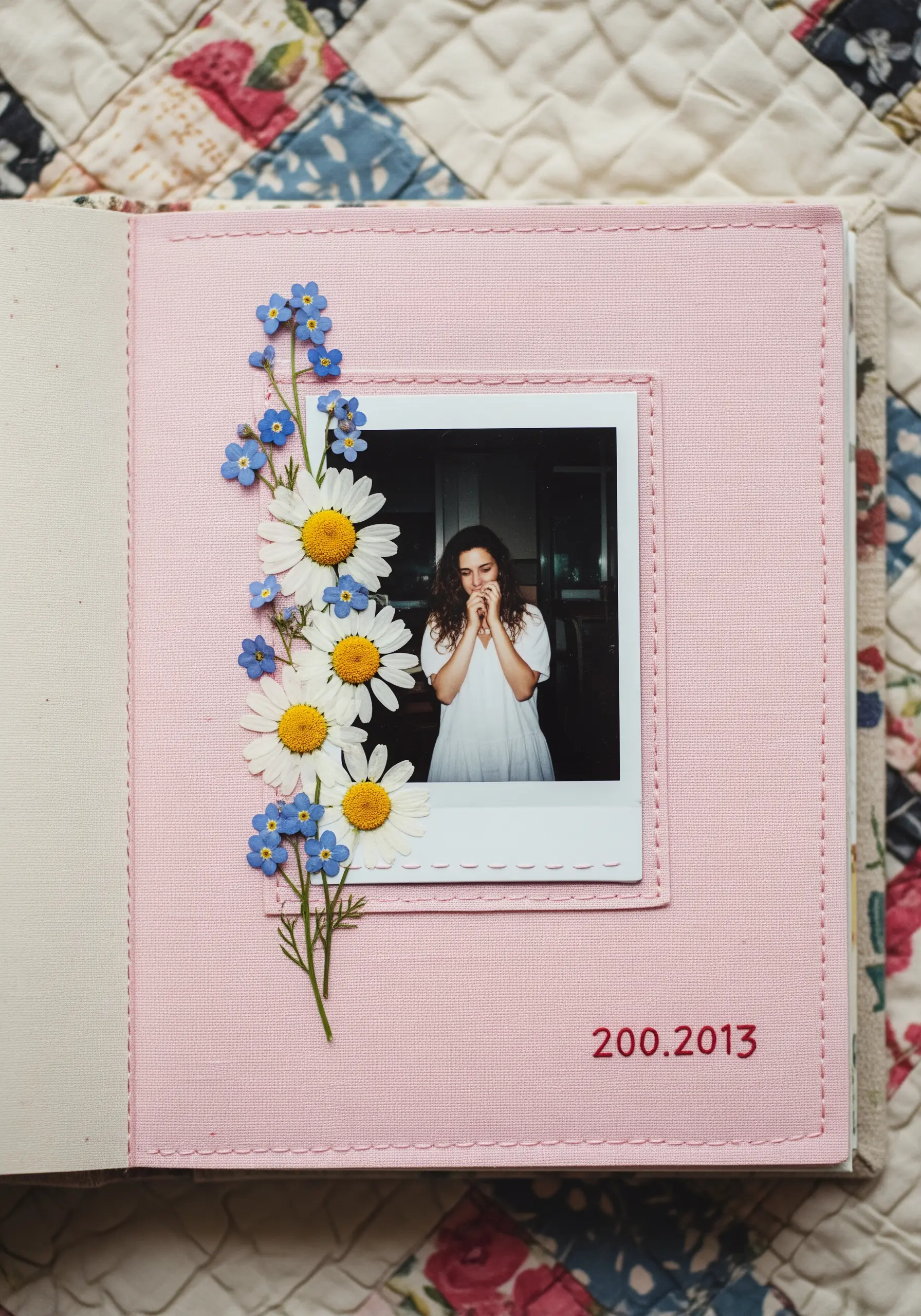 A polaroid photo framed on one side with pressed daisies and forget-me-nots.
