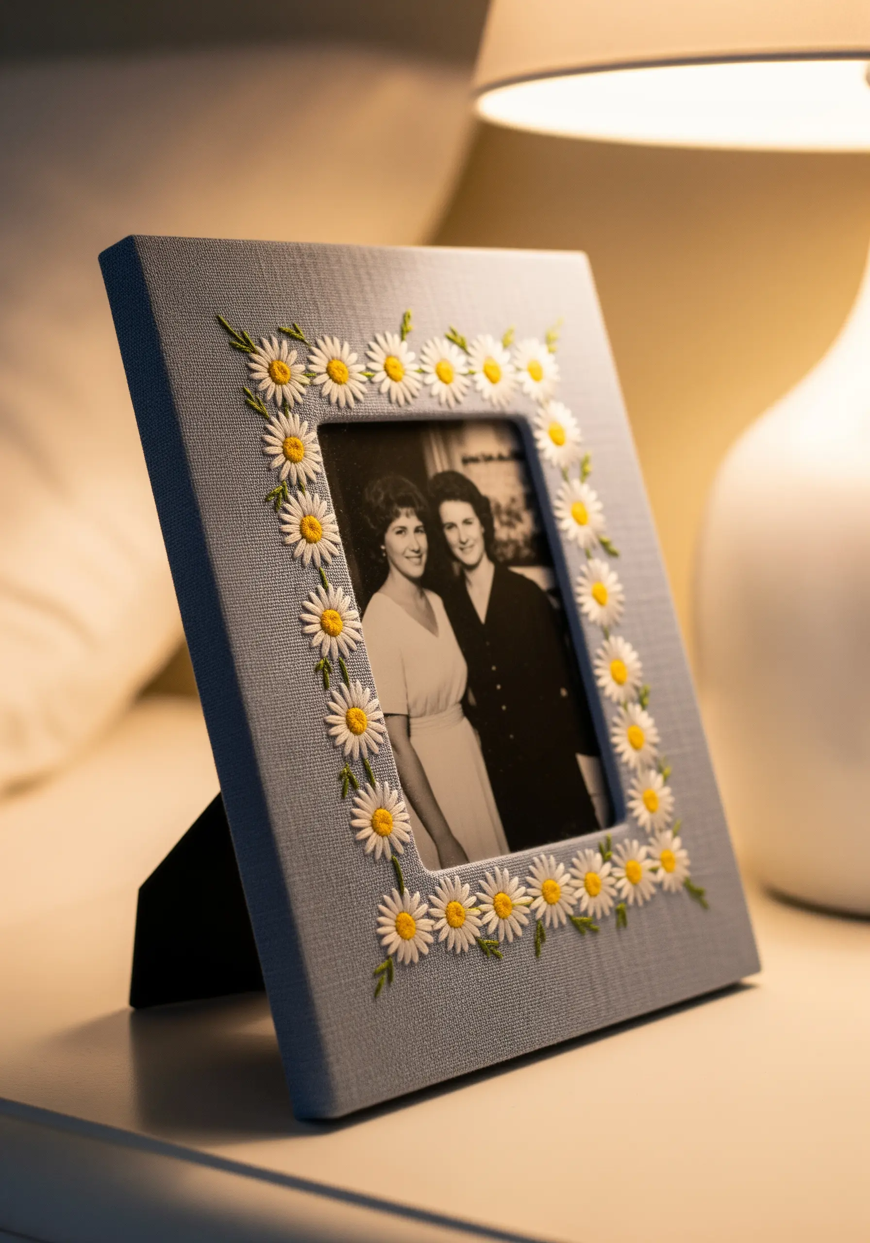 A fabric-covered photo frame surrounded by a border of hand-embroidered daisies.